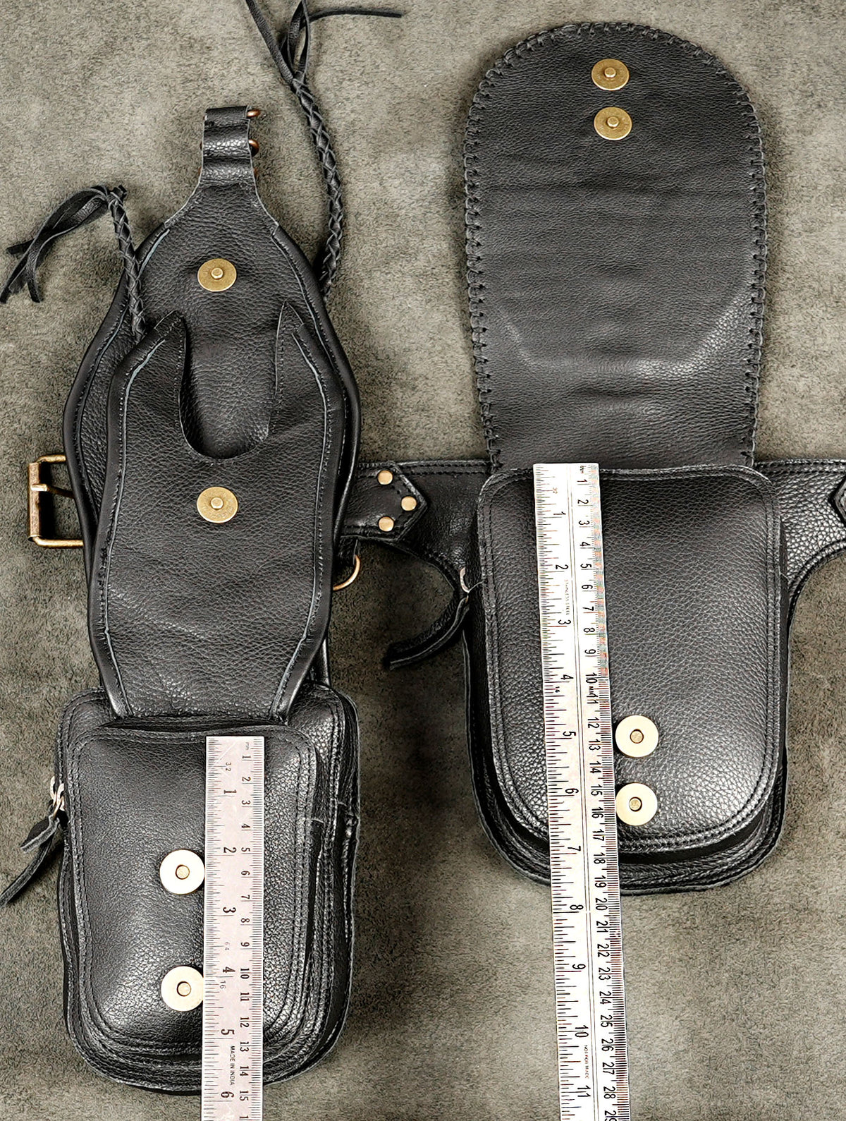 Renaissance fair black leather utility belt with multiple cargo pockets