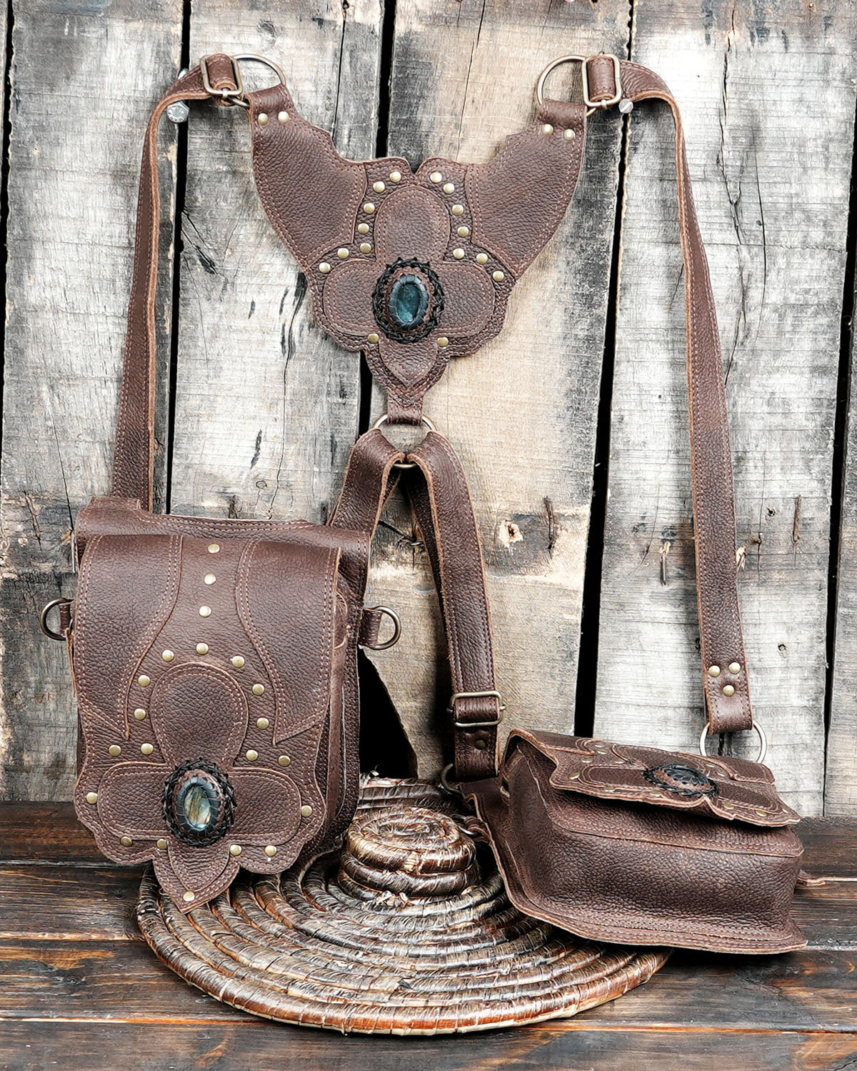 Handmade leather festival utility bag with adjustable straps