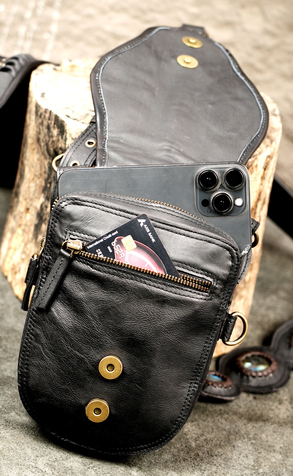 Unisex alternative leather waist bag set with gemstone details and adjustable straps
 