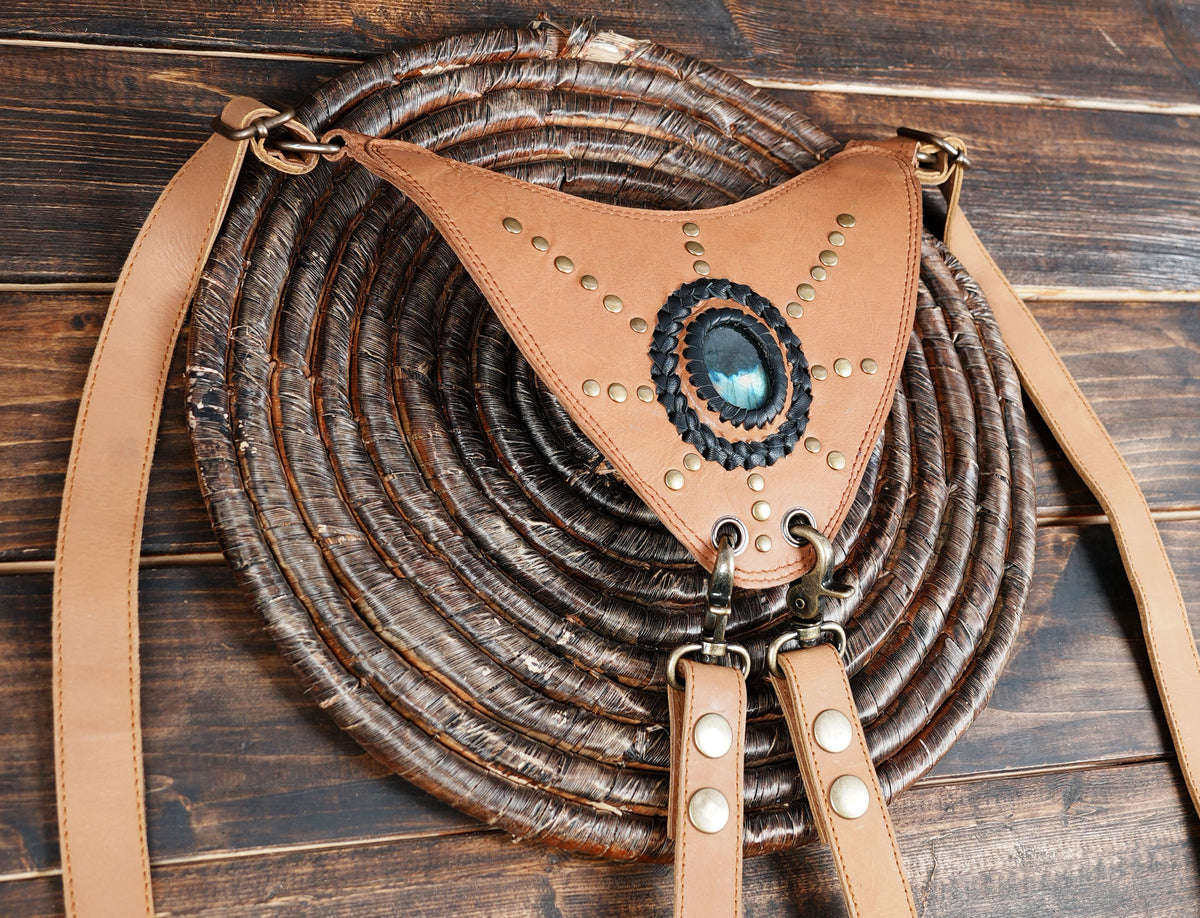 Tan Leather Double Hip Bag Harness with Natural Labradorite Stones