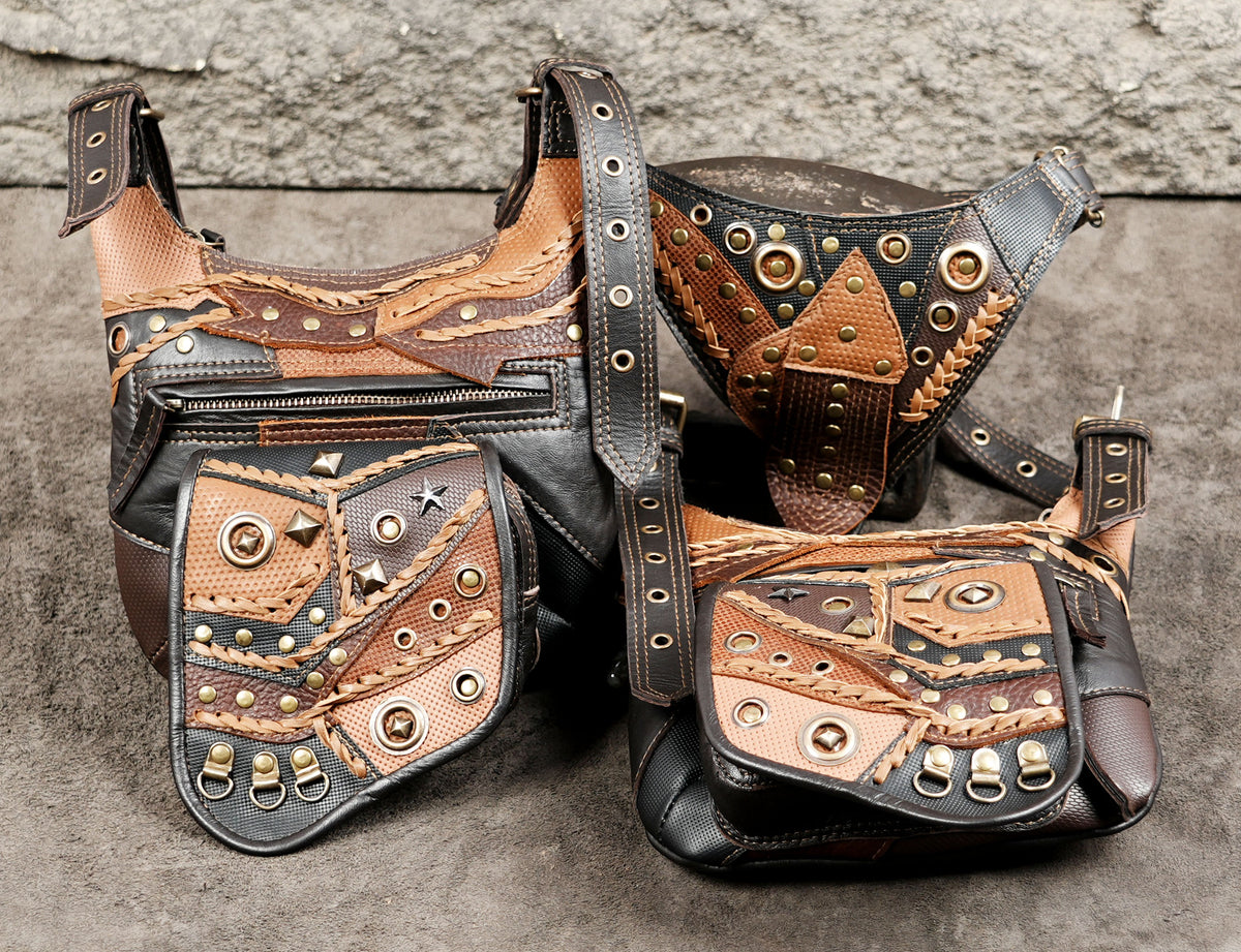 Festival leather holster bag harness with patchwork design and metal rivets