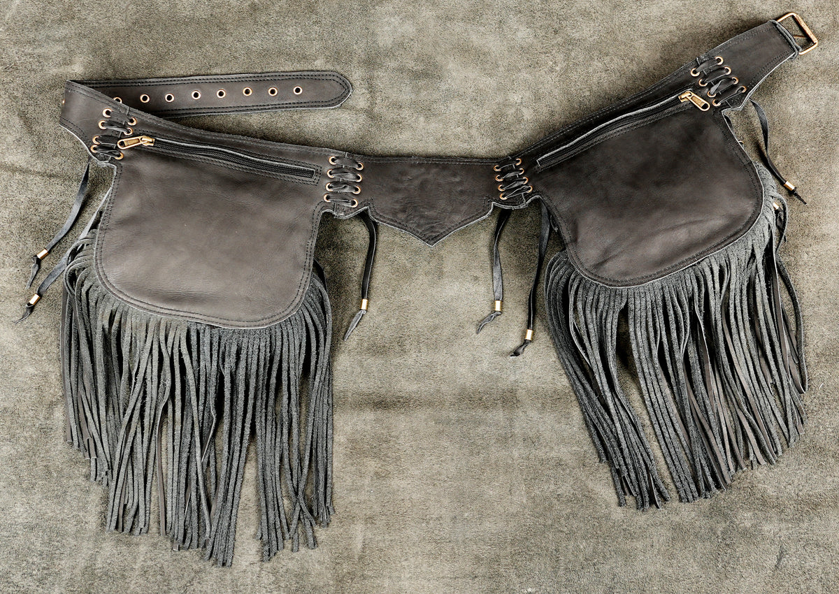 A dark brown leather fringed belt with two large pouches and a central pointed section.