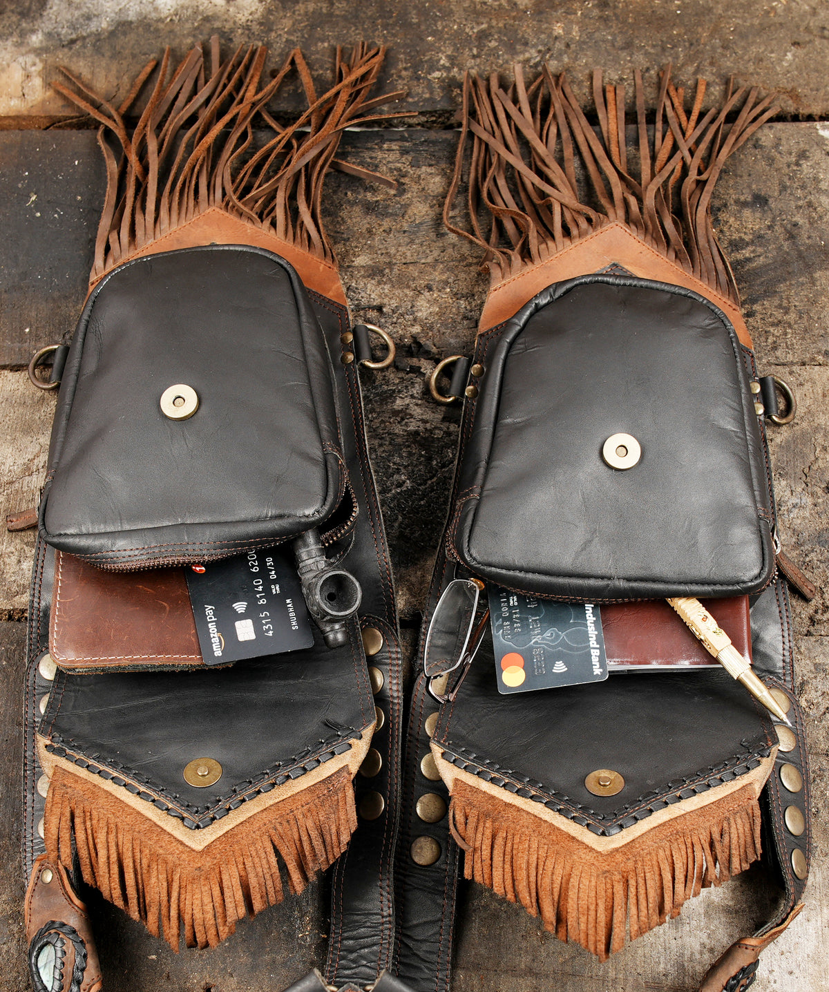 Brown and black leather double holster pouch with long leather fringe