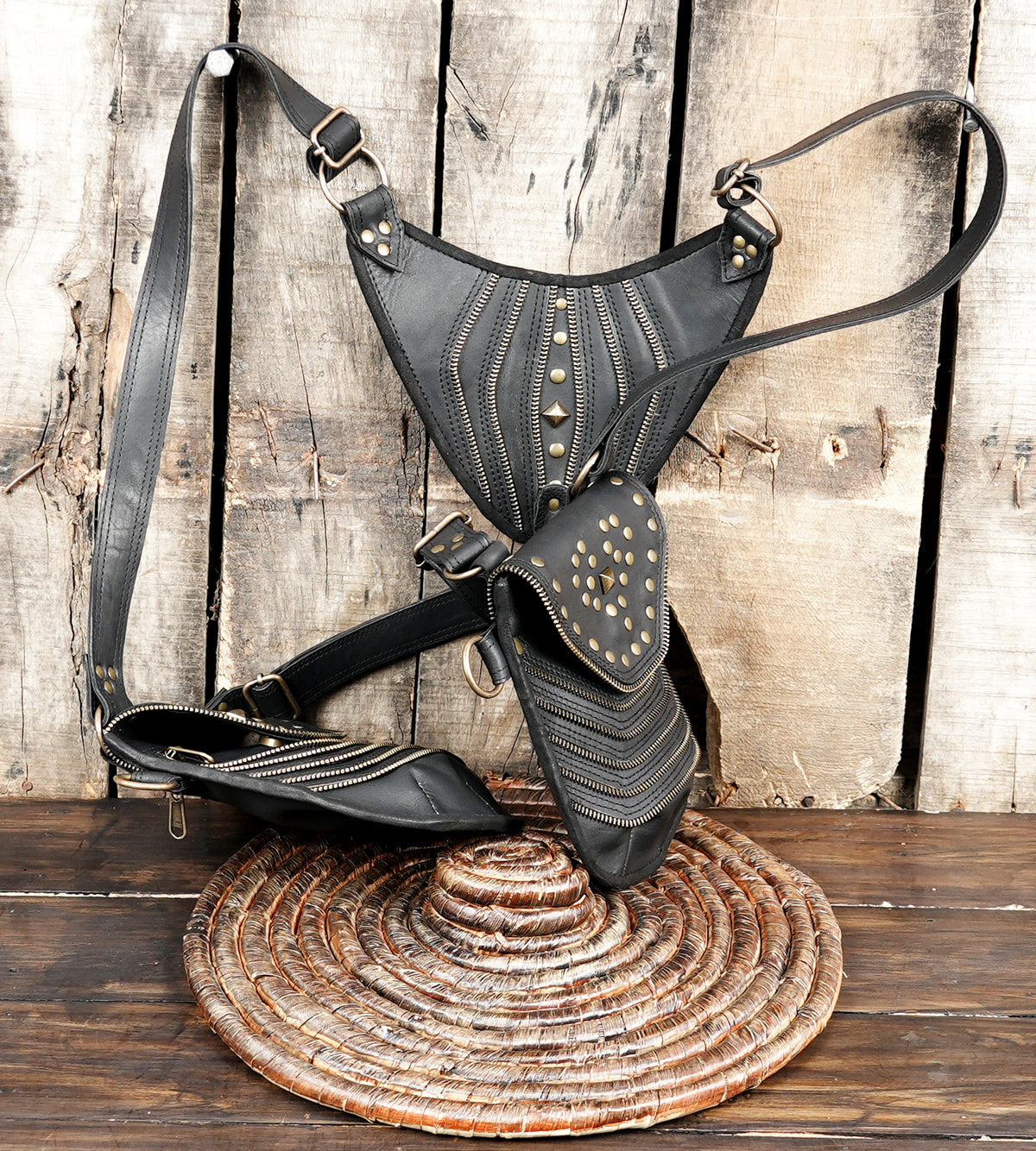 Handmade black leather double pocket festival belt bag with shoulder and thigh straps