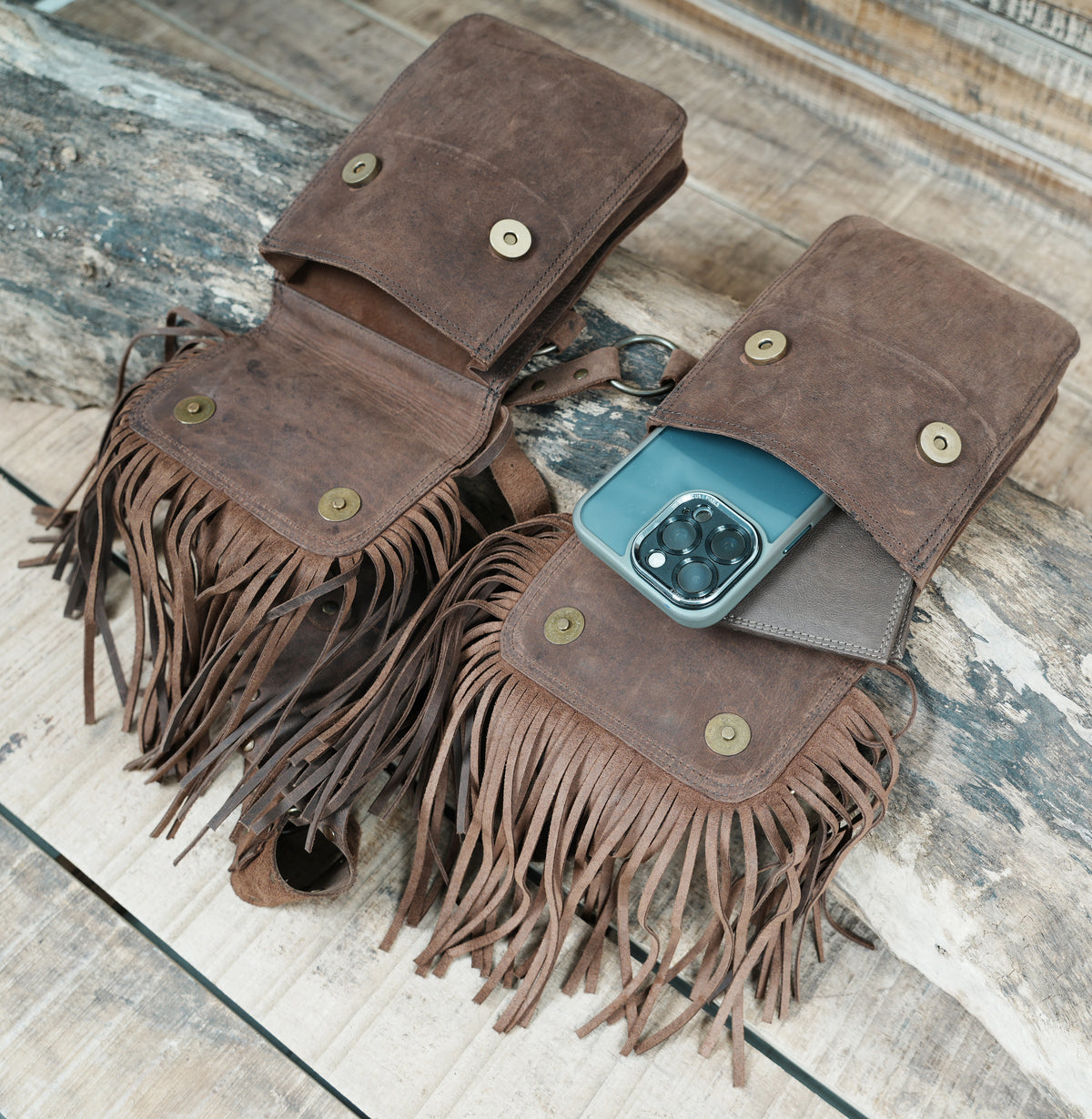 Brown Leather Chest Harness Bag with Fringe Pockets and Studded Yoke