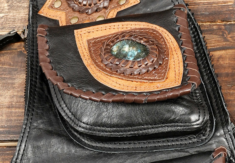 Handmade leather shoulder harness bag set with tribal gemstone designs