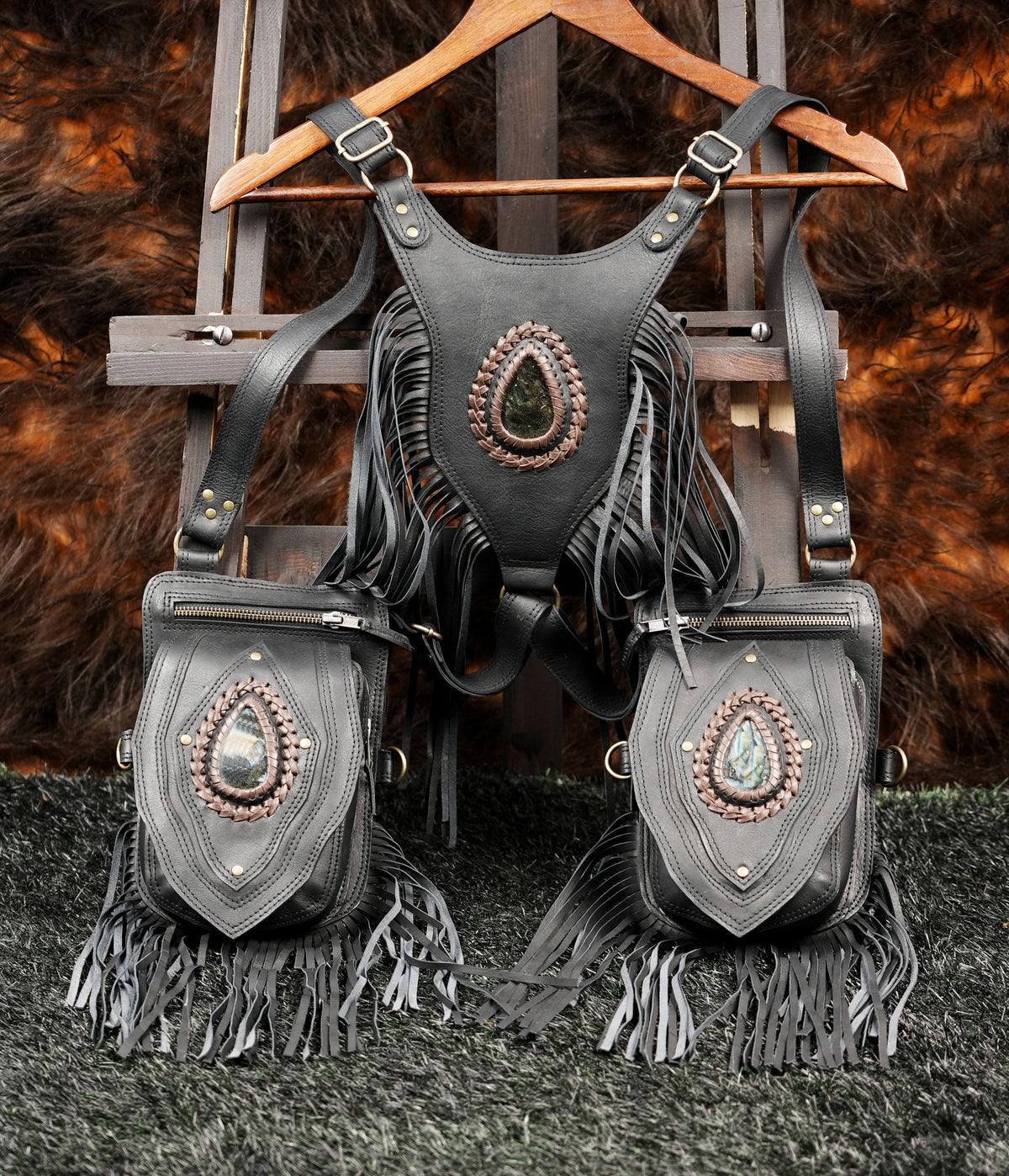 Black Leather Holster Vest Fringe Harness Bag Dual Utility Pouches Festival Body Suspender Natural Labradorite Stones