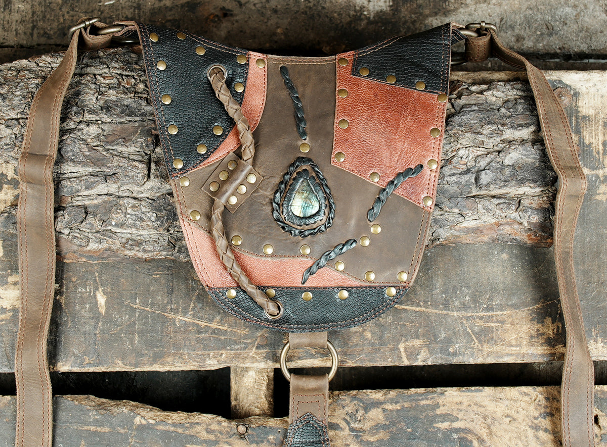 Handmade steampunk double hip bag set with brown leather and turquoise toned stones