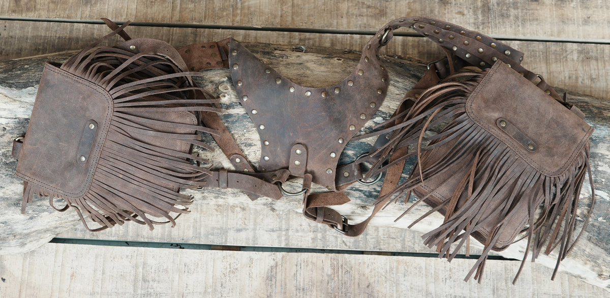 Brown Leather Chest Harness Bag with Fringe Pockets and Studded Yoke