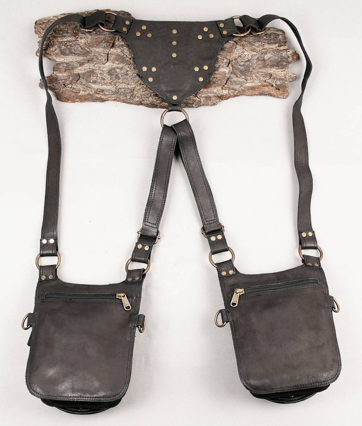 Black leather double holster pouch for Burning Man festivals and steampunk outfits