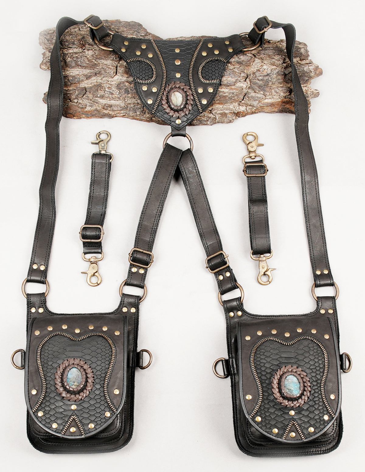Handmade alternative fashion harness bag with turquoise gemstones and adjustable leather straps