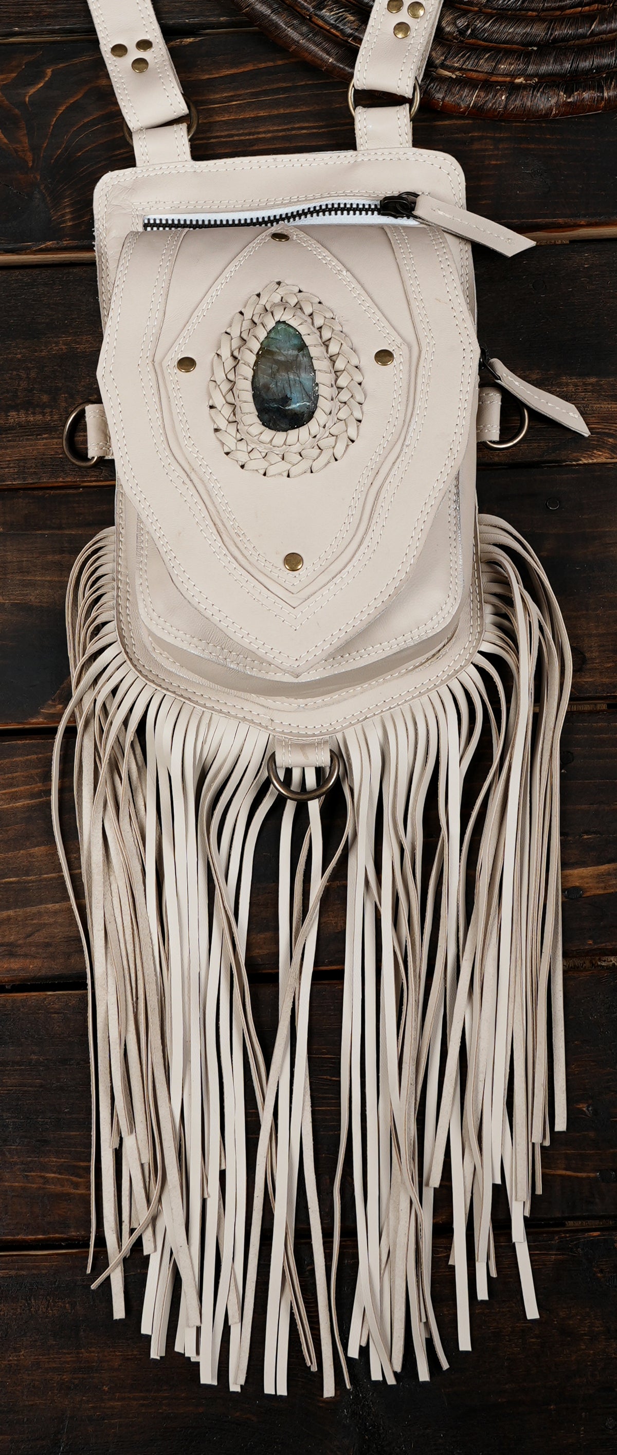 Boho white leather utility belt harness with dual side pouches and fringe   