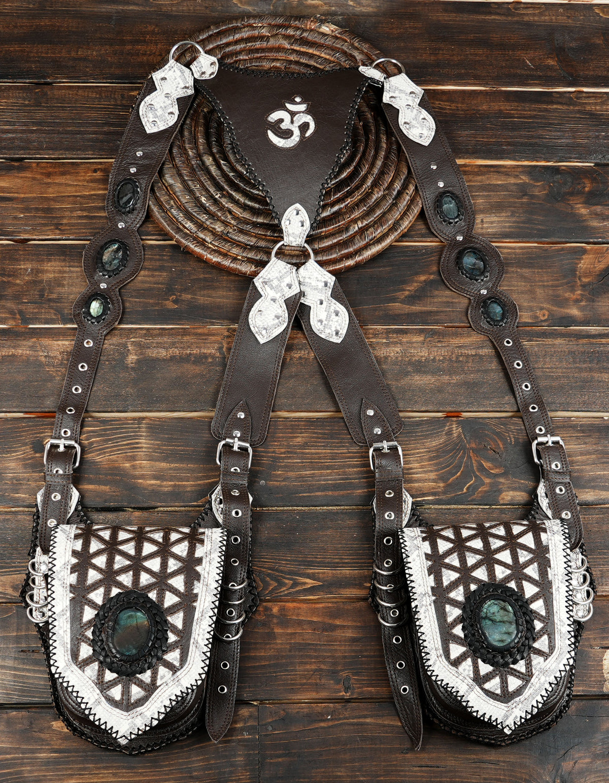 Brown and white leather shoulder holster bag with double pouches