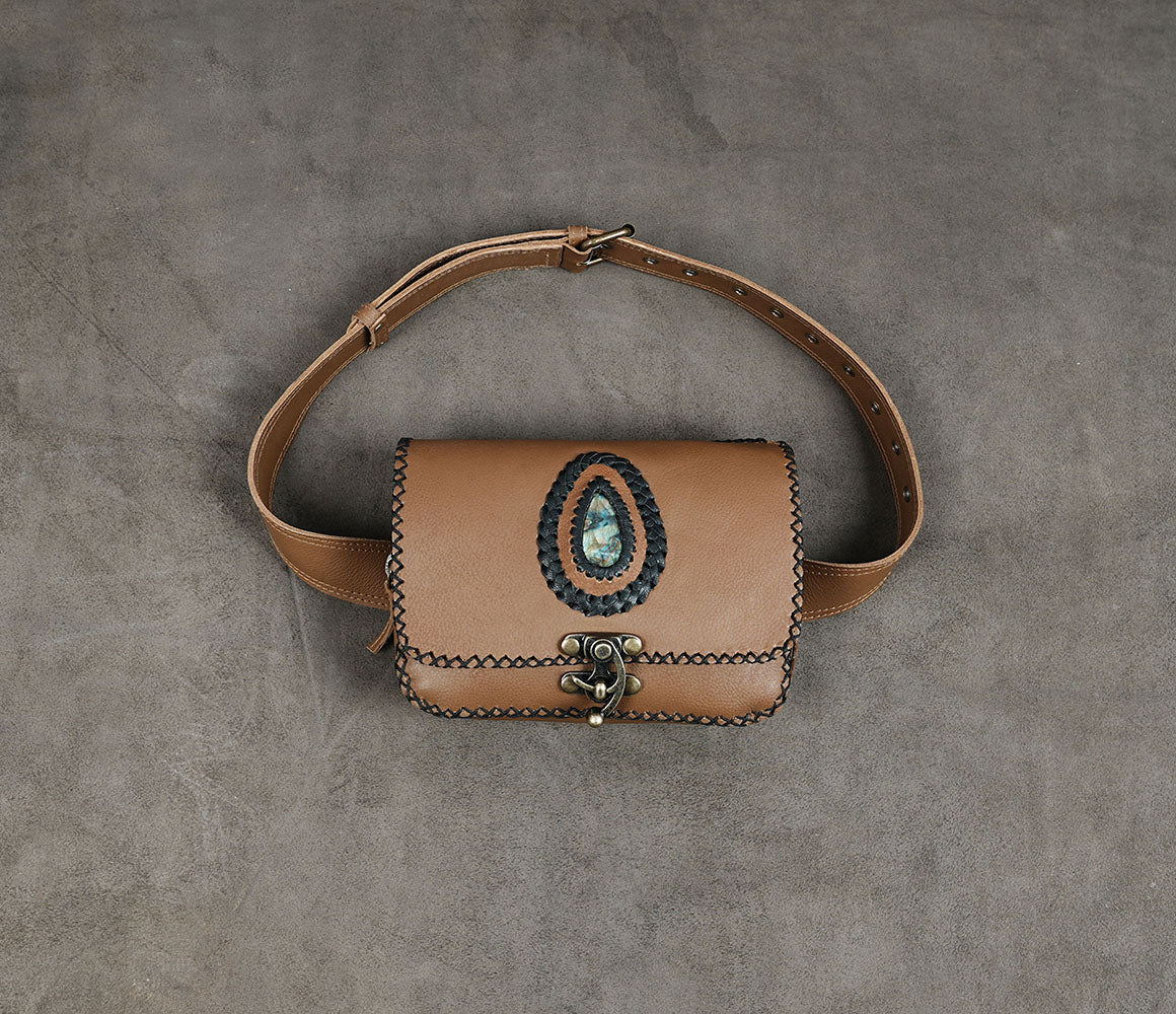Brown leather belt bag with natural gemstone decoration