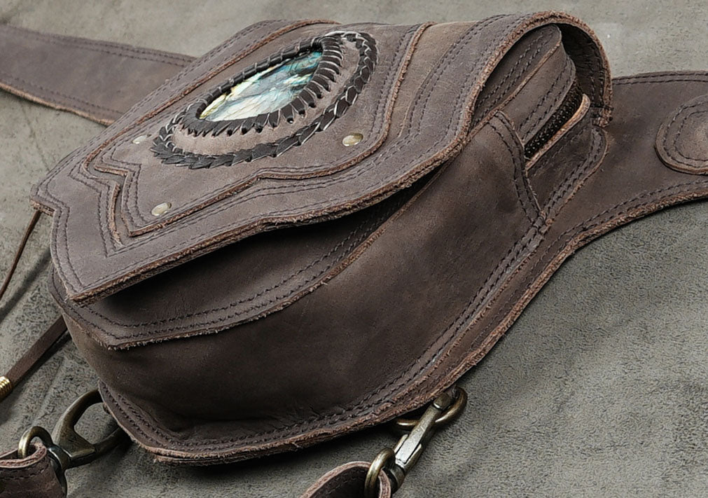 Brown leather waist bag with natural gemstone centerpiece