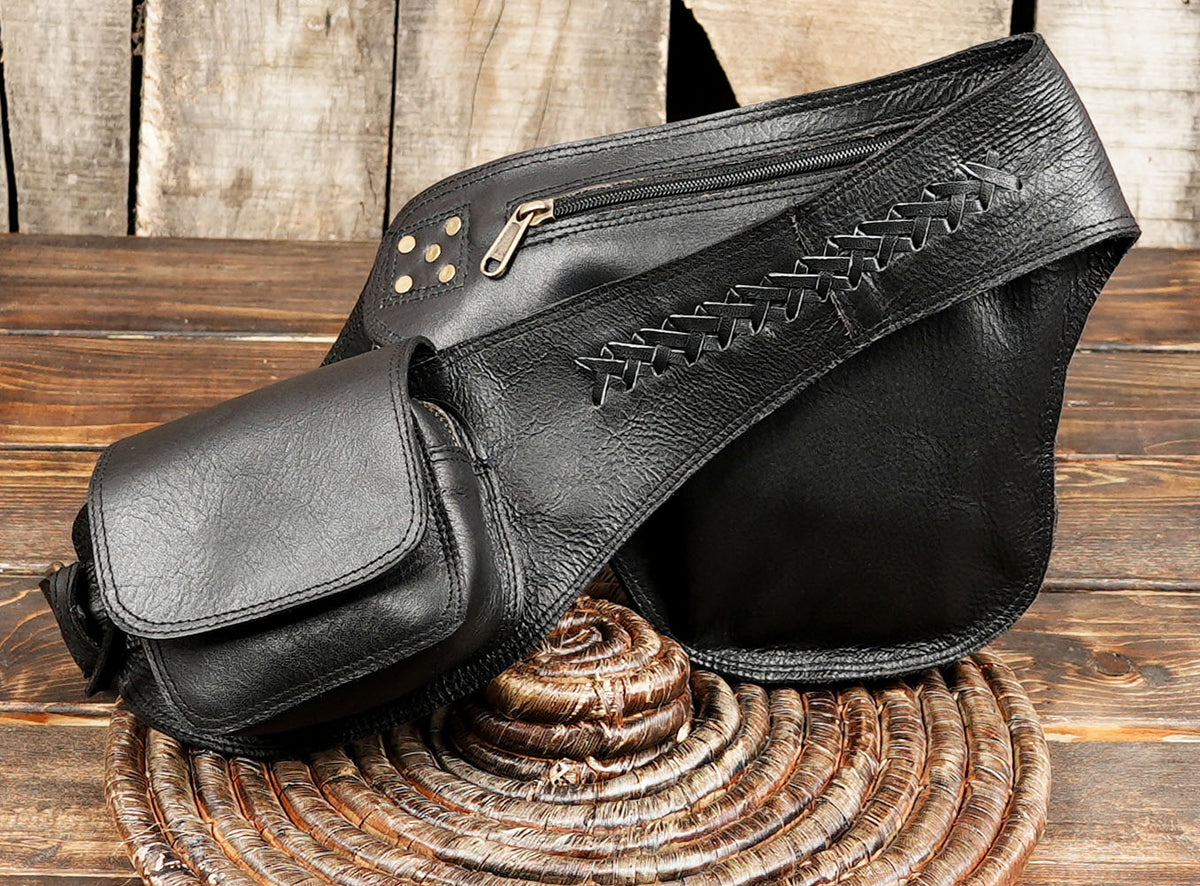 Hand-stitched black leather waist bag with brown accent pouch and inlaid centerpiece