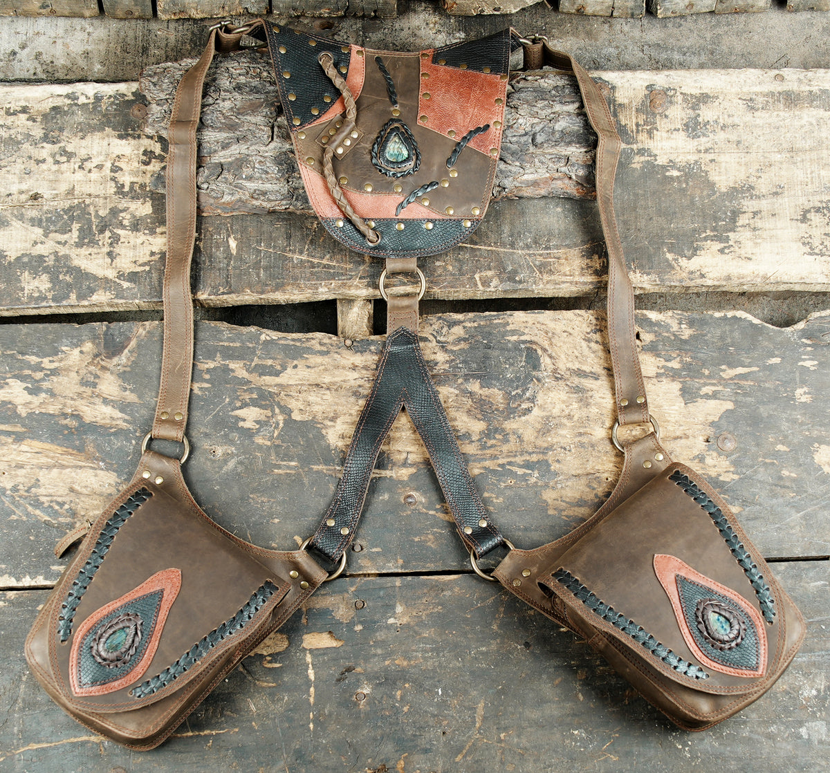 Brown leather festival pouch set with contrast panels and antique brass rivets