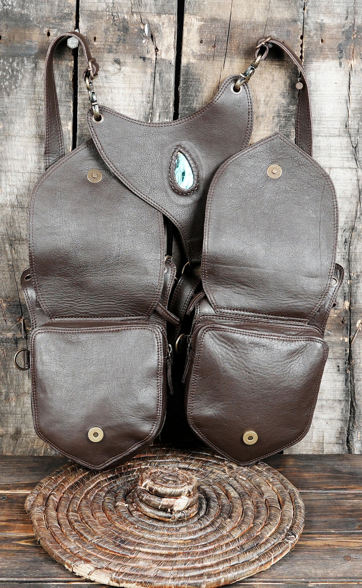 Adjustable leather crossbody harness with two spacious brown utility pouches