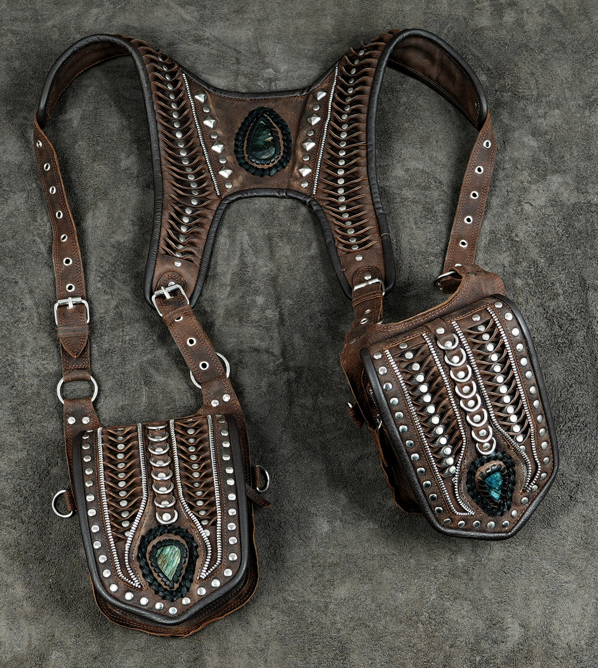 Brown Leather Holster Bag with Gemstones Unisex Steampunk Harness