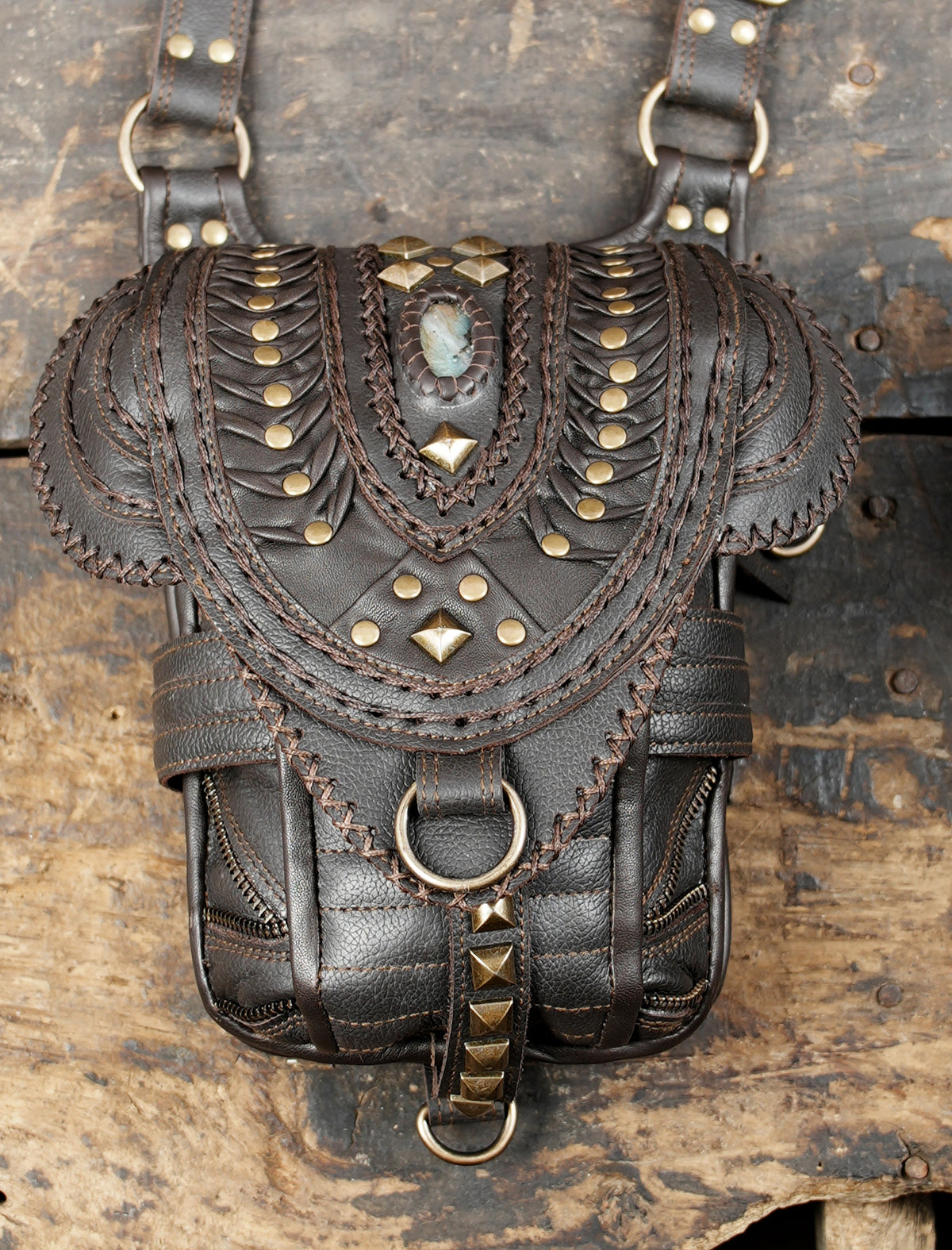 Boho leather festival bag set with decorative stitching and stone accents