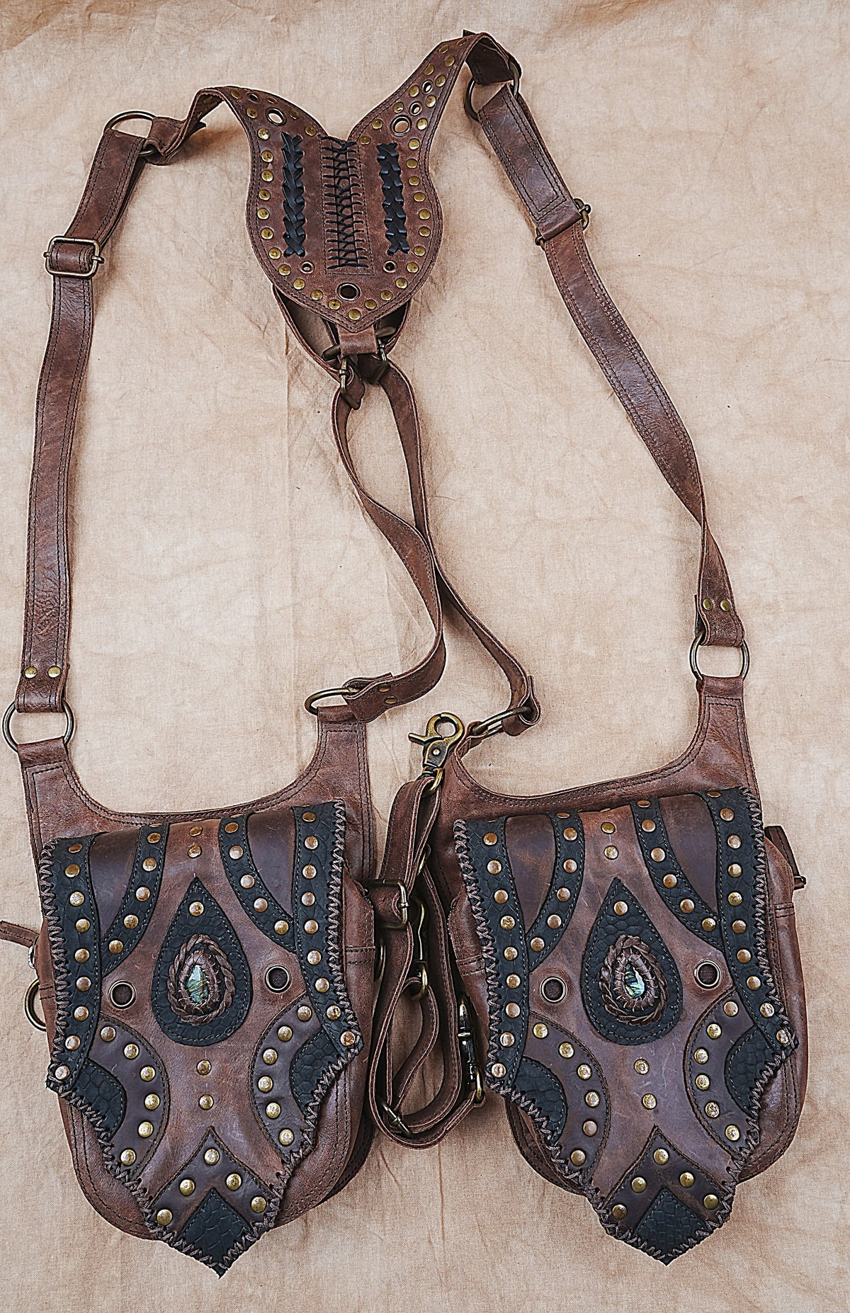 Leather double hip pouch harness for music festivals cosplay and outdoor adventures