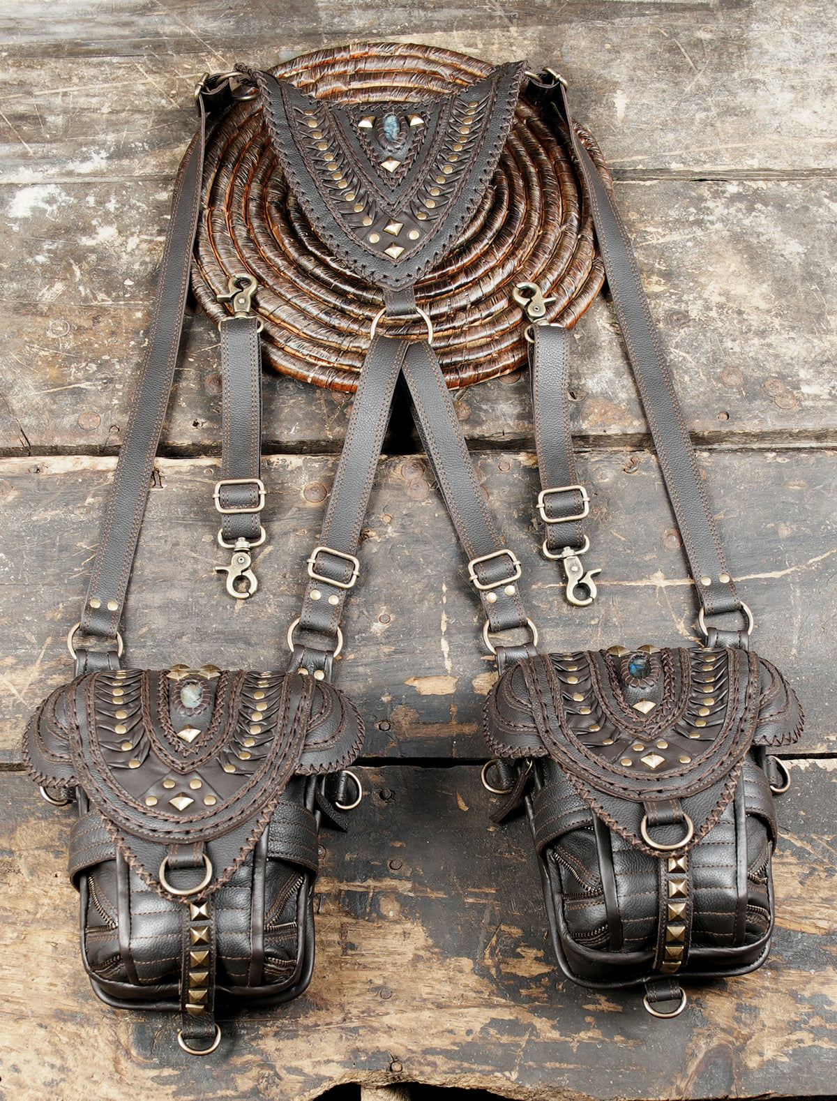 Bohemian brown leather harness bag with matching pouches and stone decorations