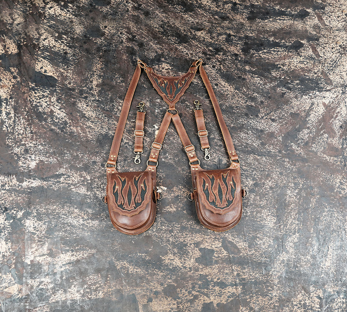 Unisex brown leather thigh holster harness with two pouches and antique brass hardware