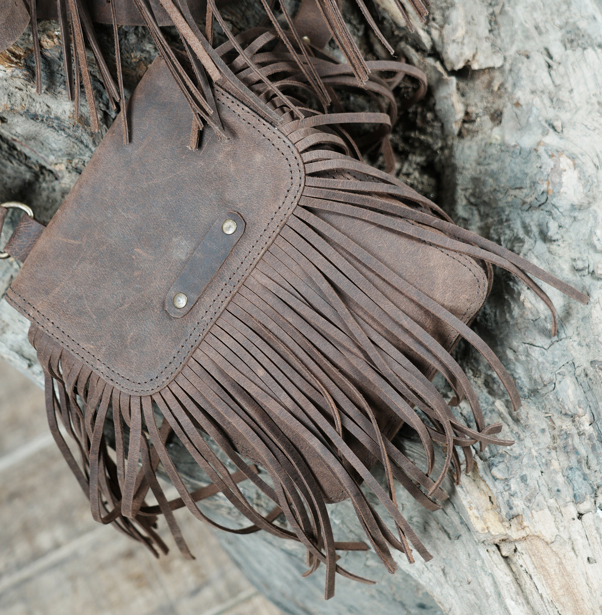 Brown Leather Chest Harness Bag with Fringe Pockets and Studded Yoke