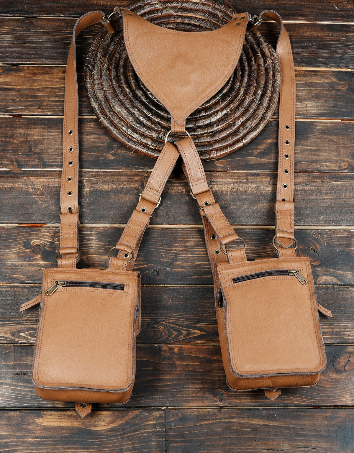 Leather double pouch harness with antique brass tone buckles and studs
