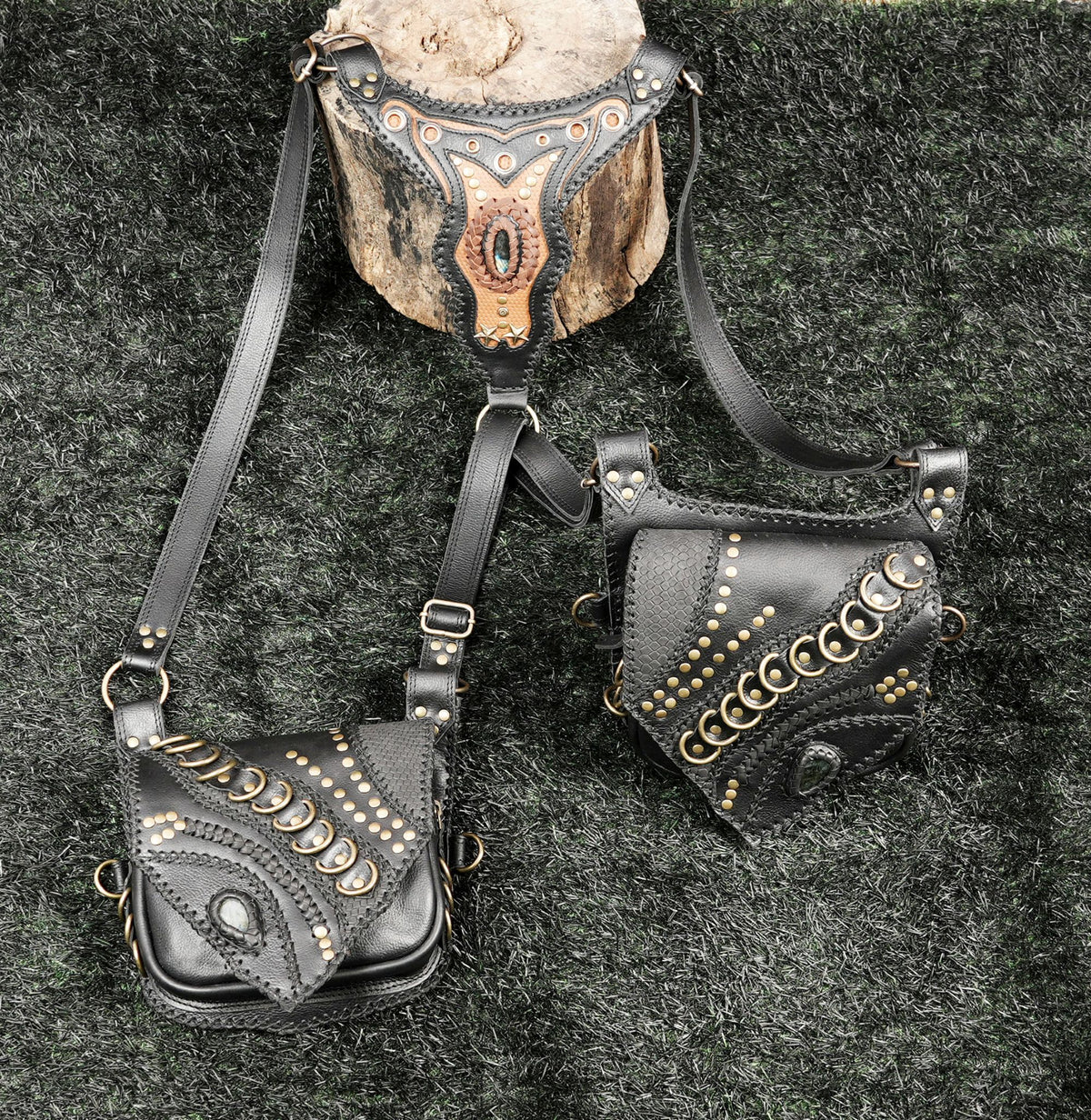 Black Leather Shoulder Holster Bag with Studded Dual Pouches