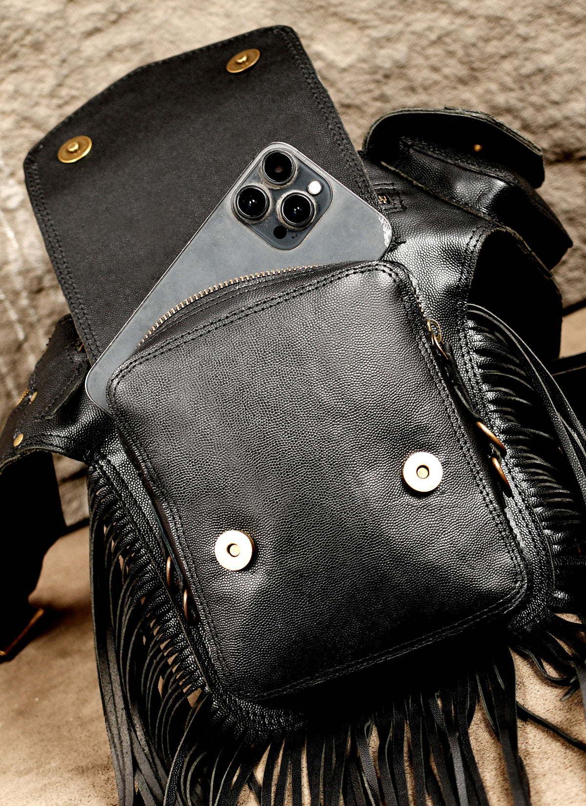 Burning man leather belt bag with fringe