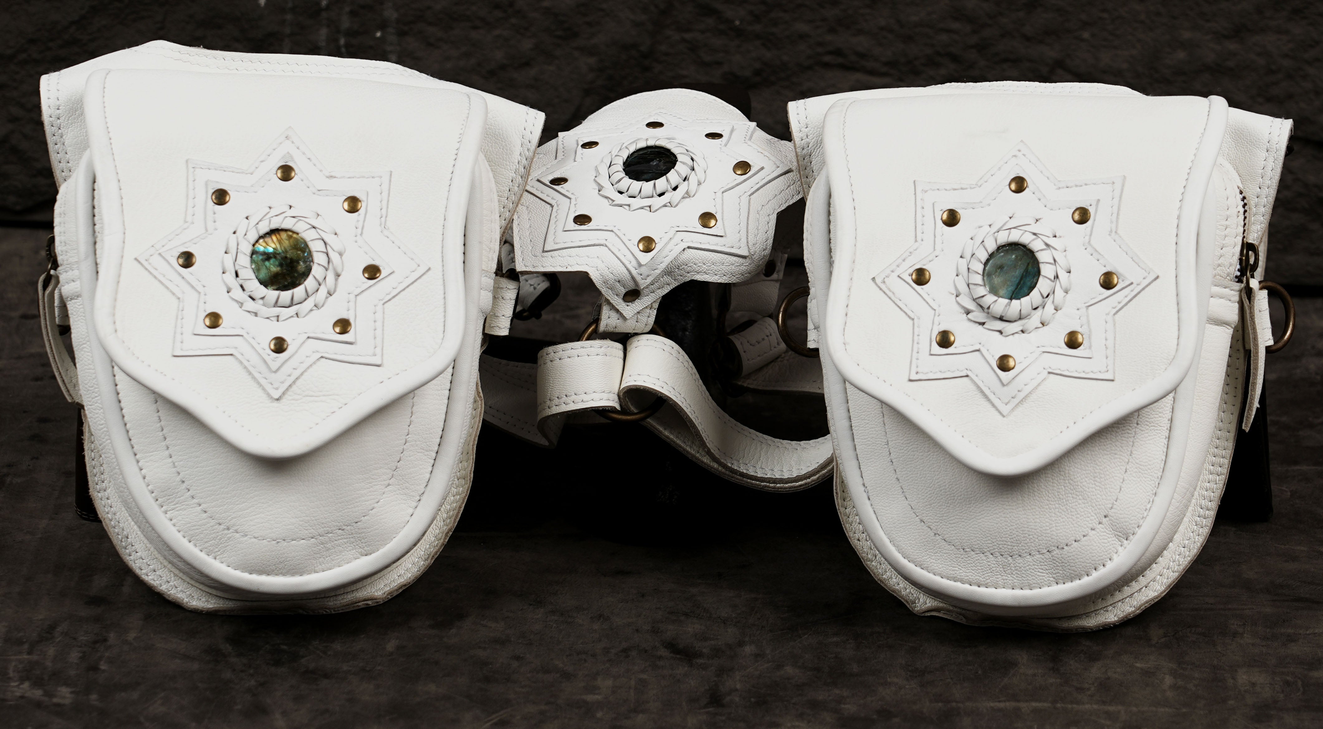 Celestial leather harness, star pattern close up view