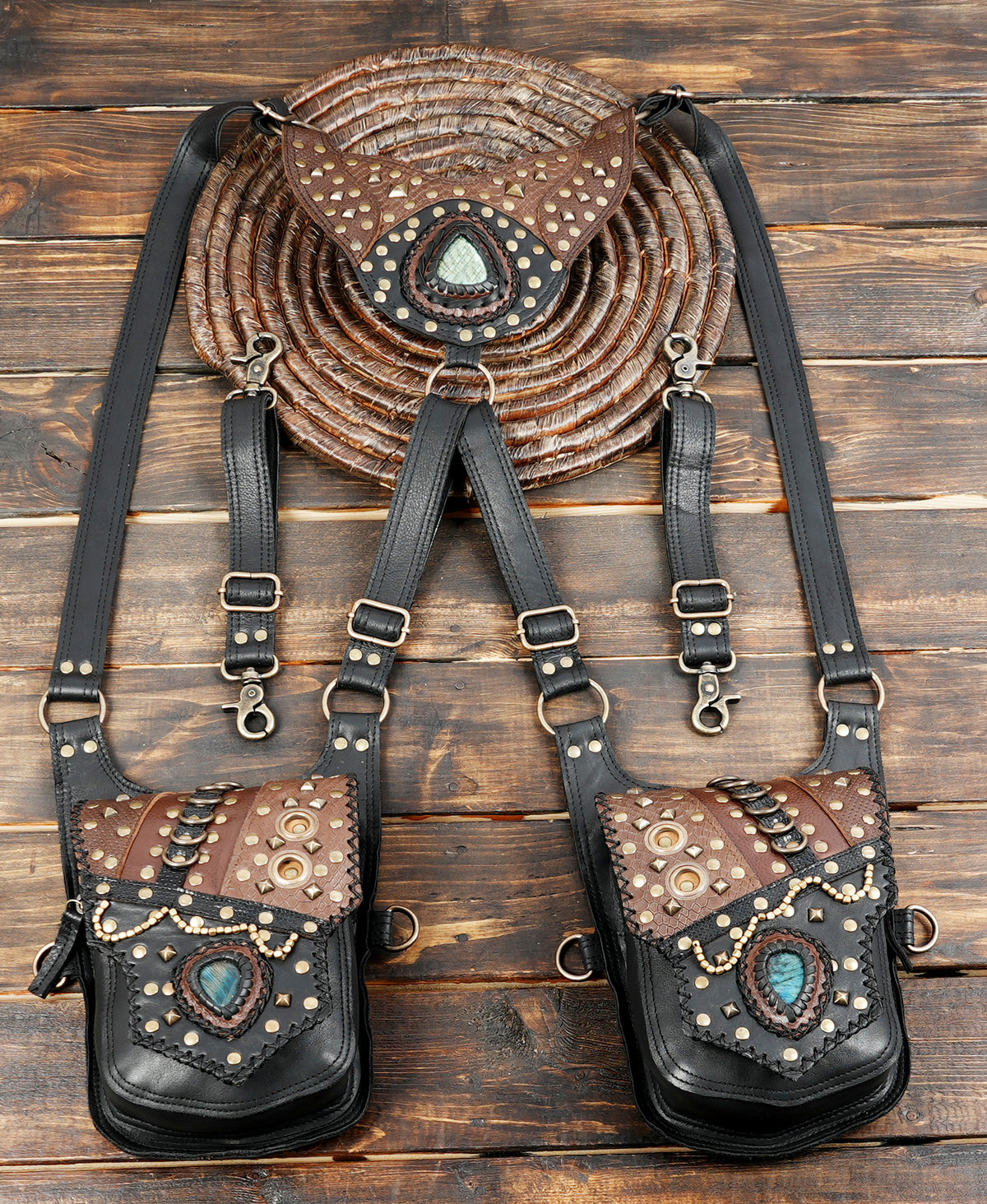Unisex alternative fashion leather harness bag with two pouches and adjustable straps
 
