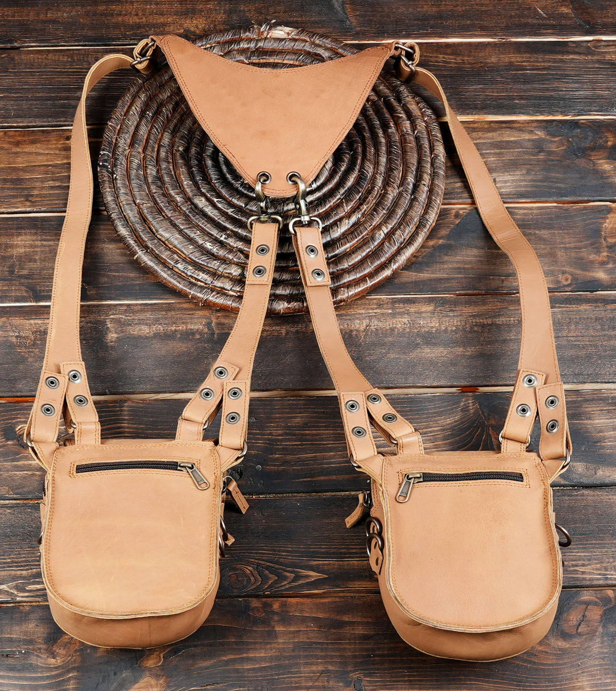 Tan Leather Double Hip Bag Harness with Natural Labradorite Stones