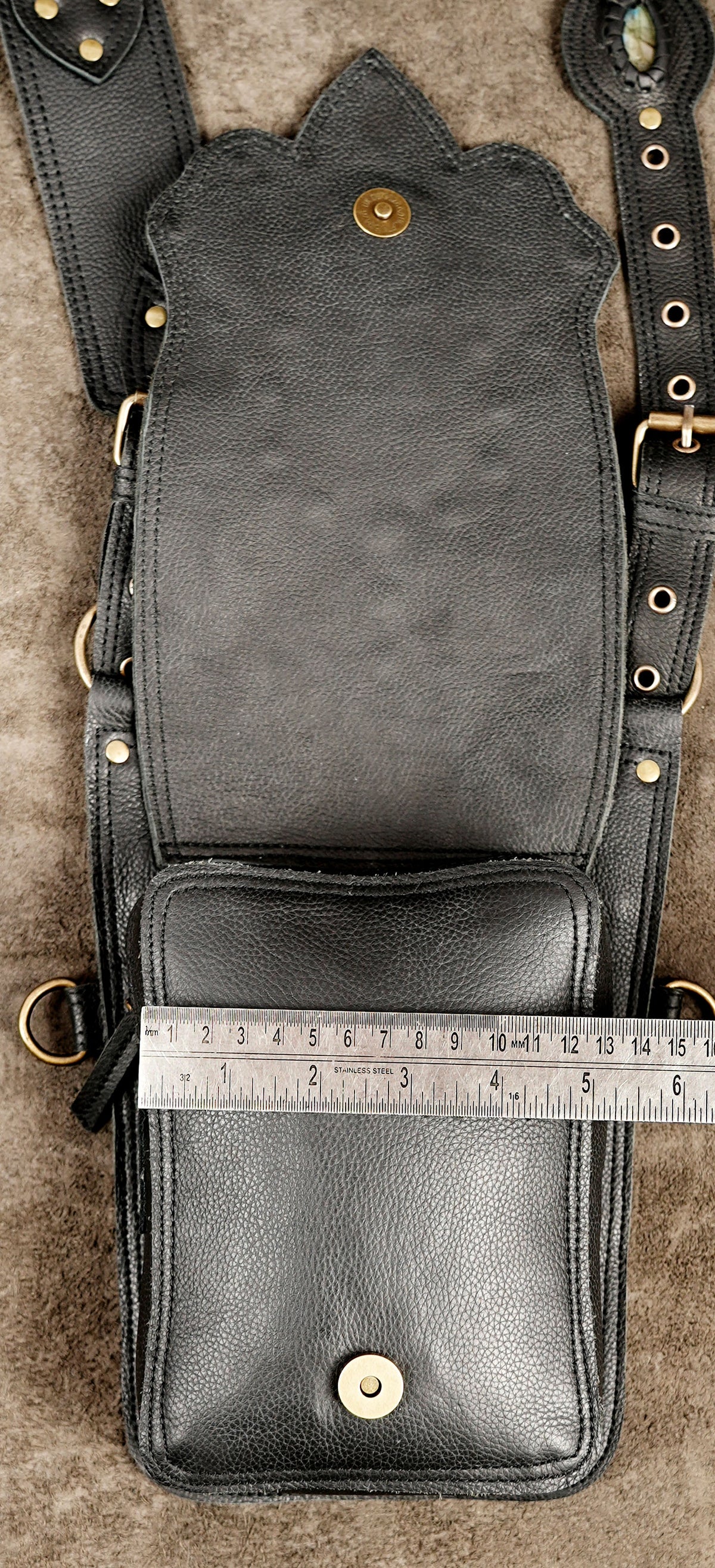Handmade black leather holster harness with decorative gemstone accents
