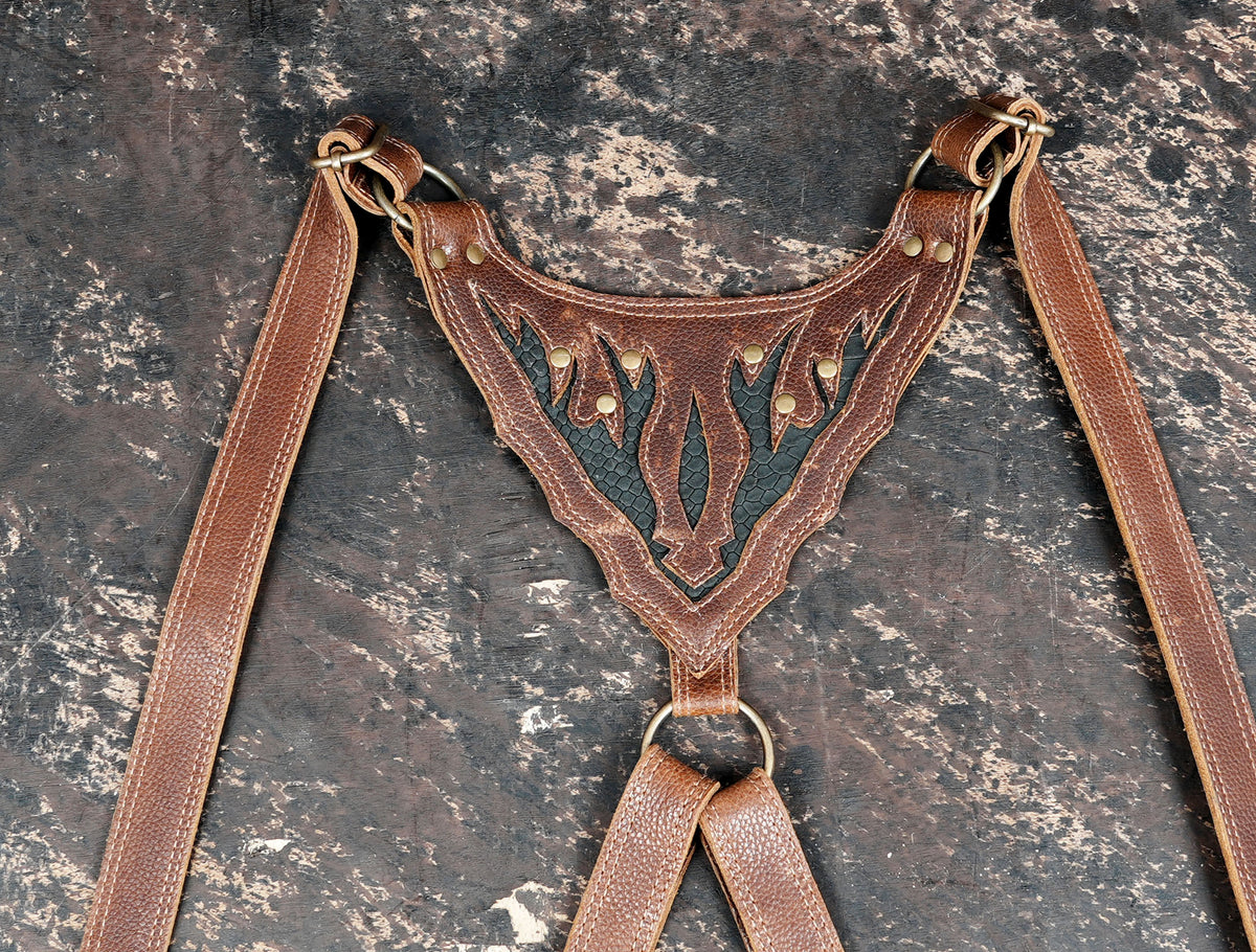 Burning Man festival brown leather holster with decorative flame designs