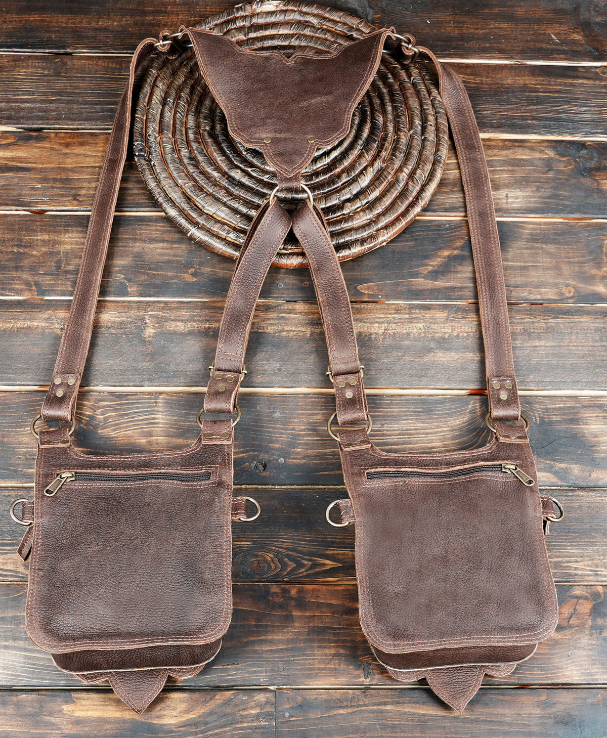 Festival leather harness bag with two large utility storage pouches