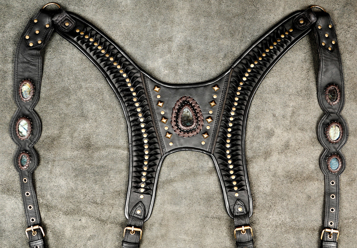 Handcrafted black leather hip holster set with gemstone decorations and brass tone buckles
 