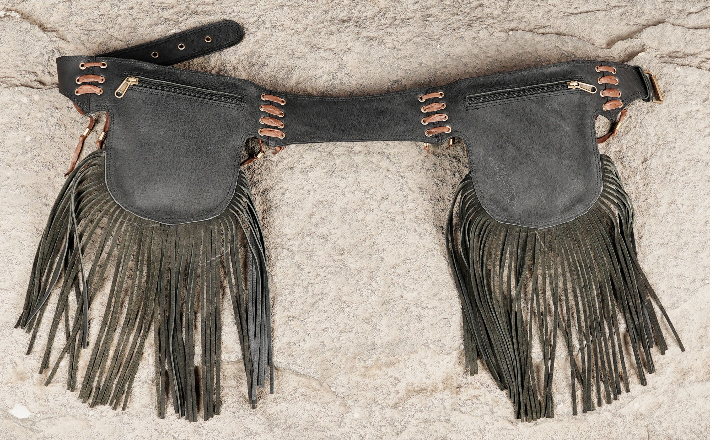 Cowgirl style leather belt with fringe and natural crystal stones