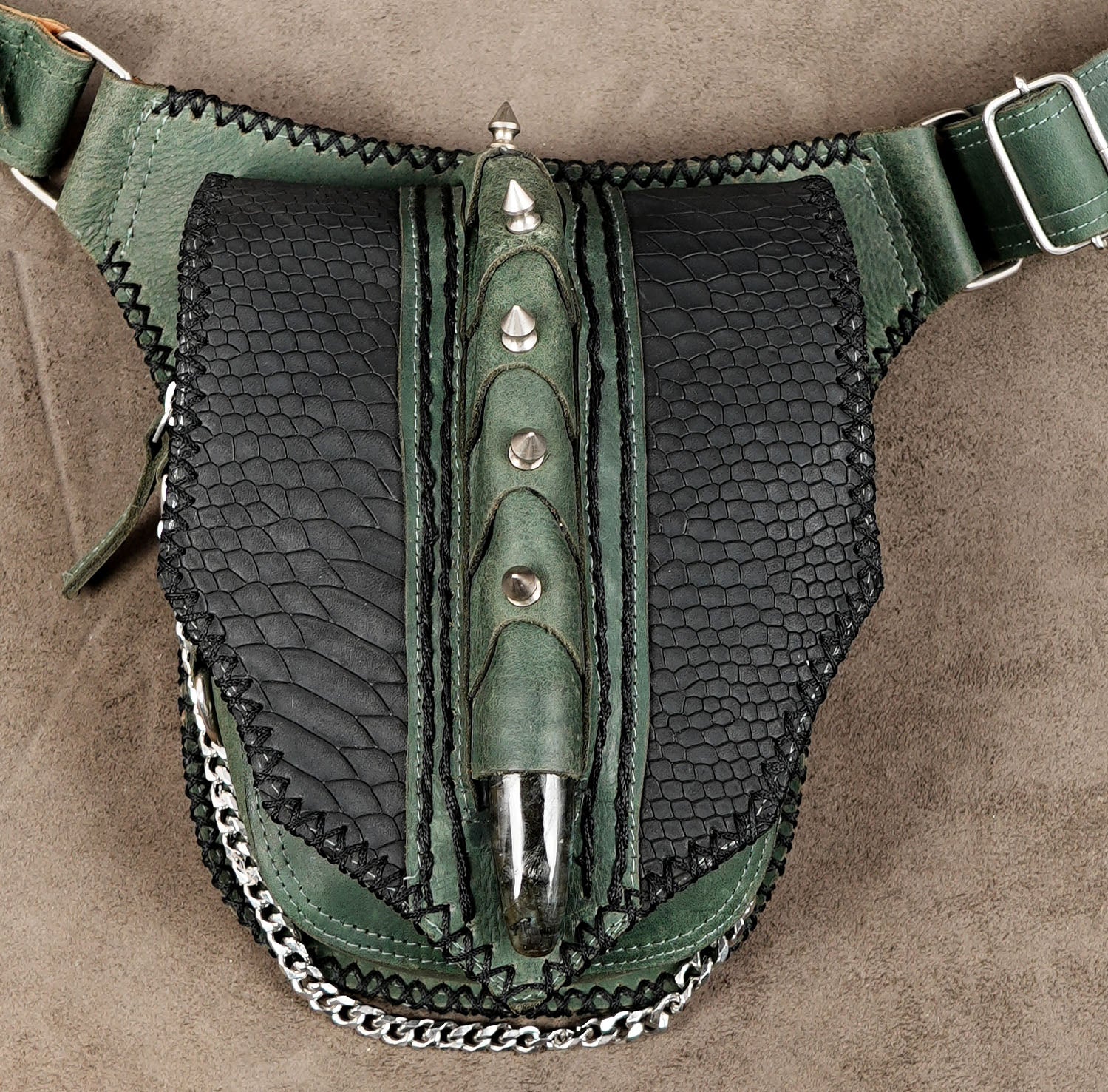 Crystal point leather belt bag with silver hardware