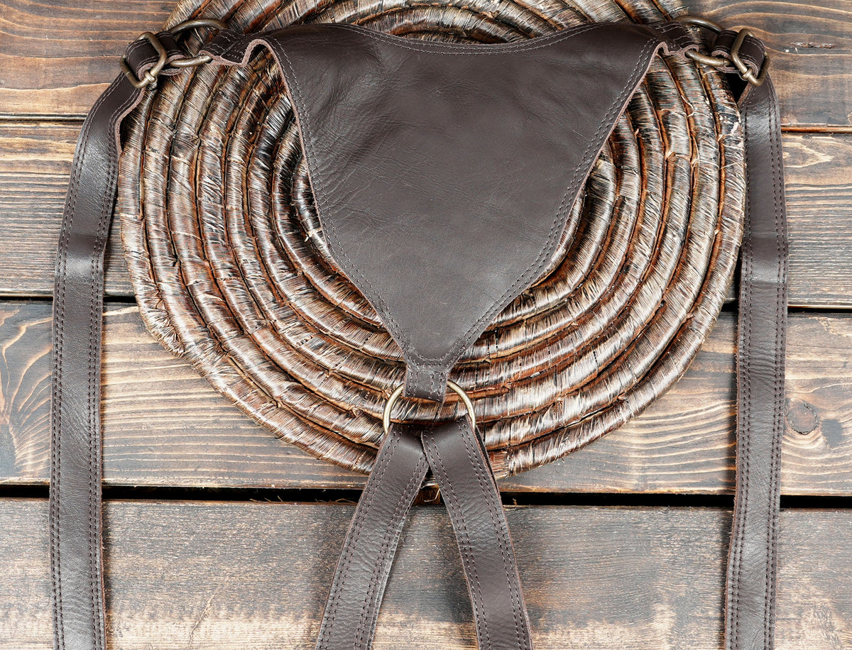 Leather festival harness bag with twin pouches for Burning Man and alternative outfits