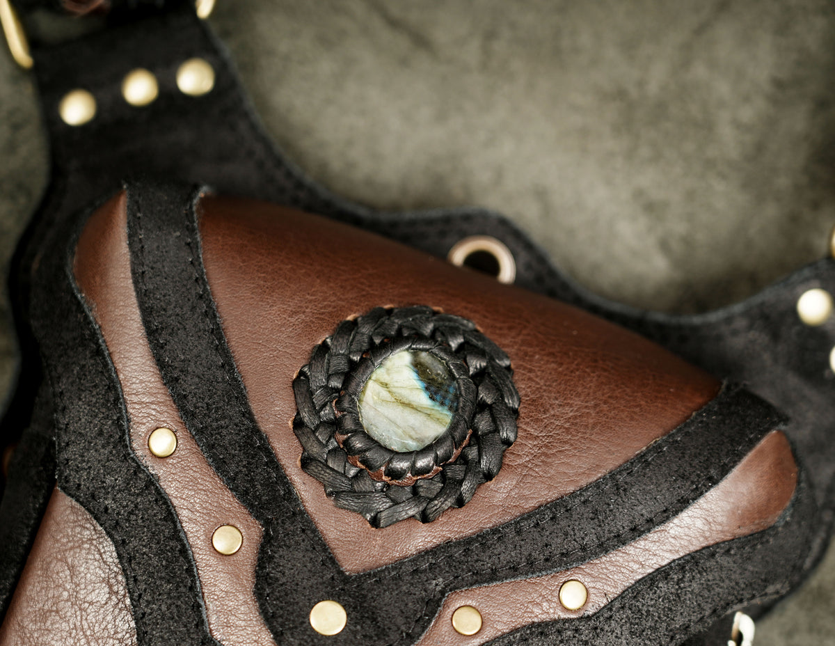 Unisex black leather harness bag with brown pockets and Natural Labradorite stones
