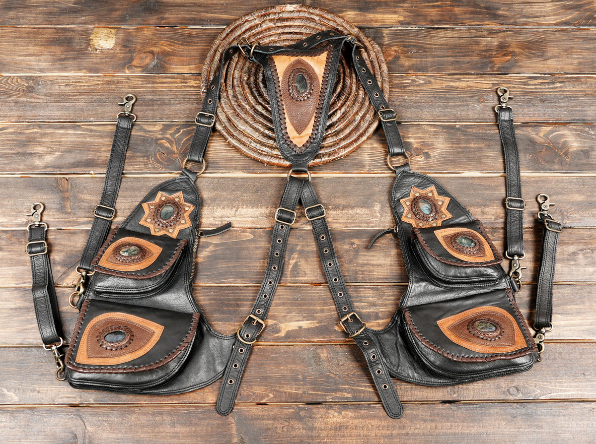 Alternative fashion leather harness with brown geometric pocket designs