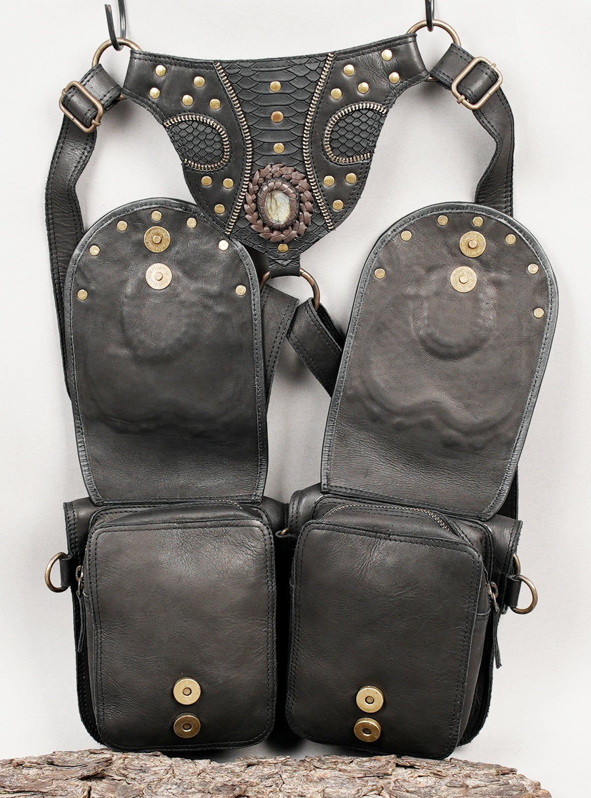 Steampunk double hip pouch with textured black leather and antique brass hardware