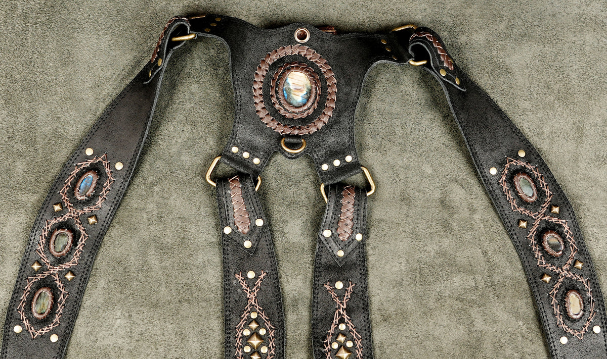 Black and brown leather double shoulder harness bag with Natural Labradorite stones