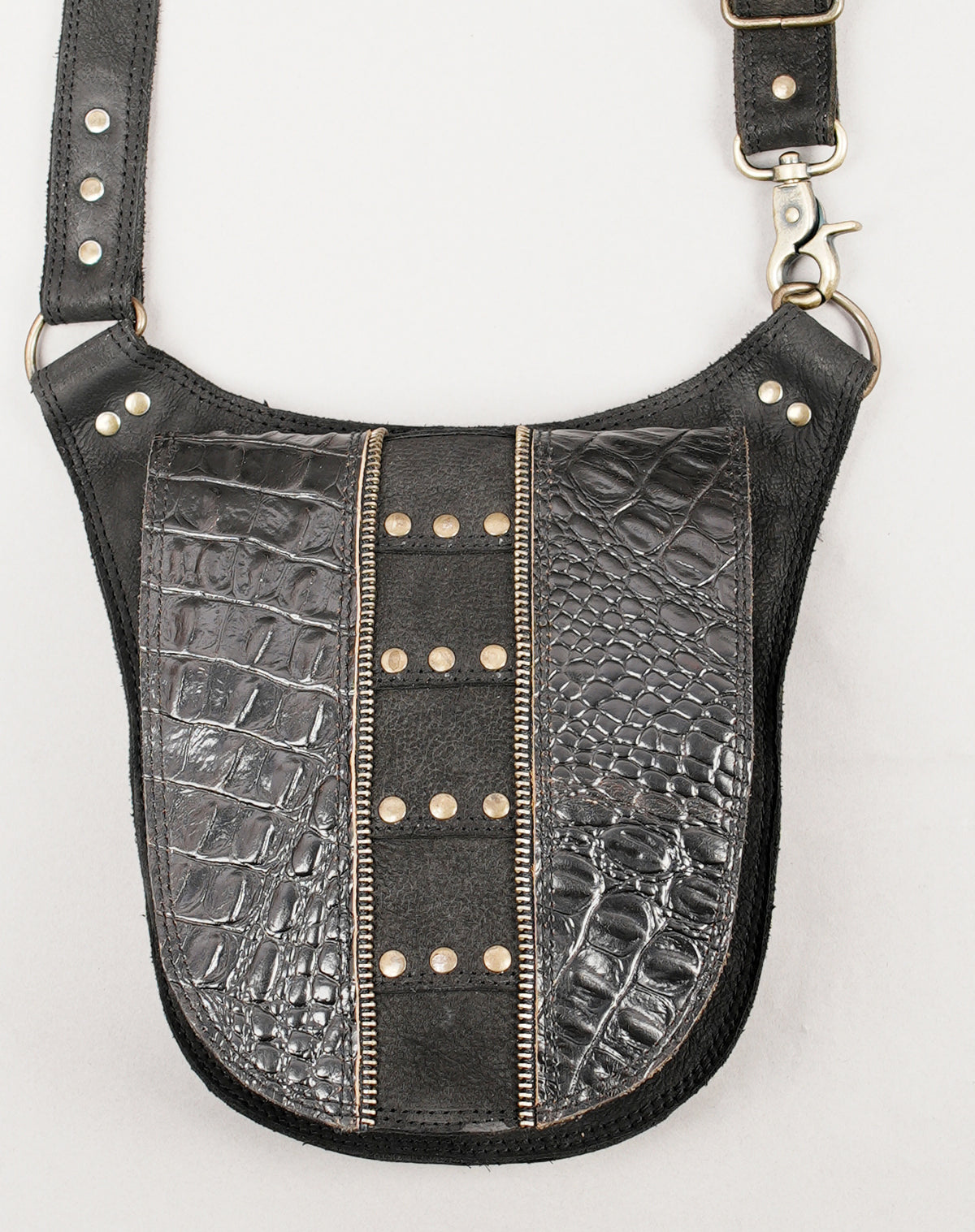 Industrial style leather chest harness with dual holster bags   