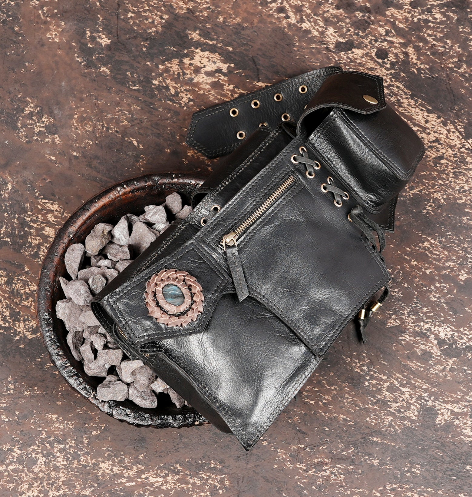 Steampunk style leather belt with gemstone and storage pockets
