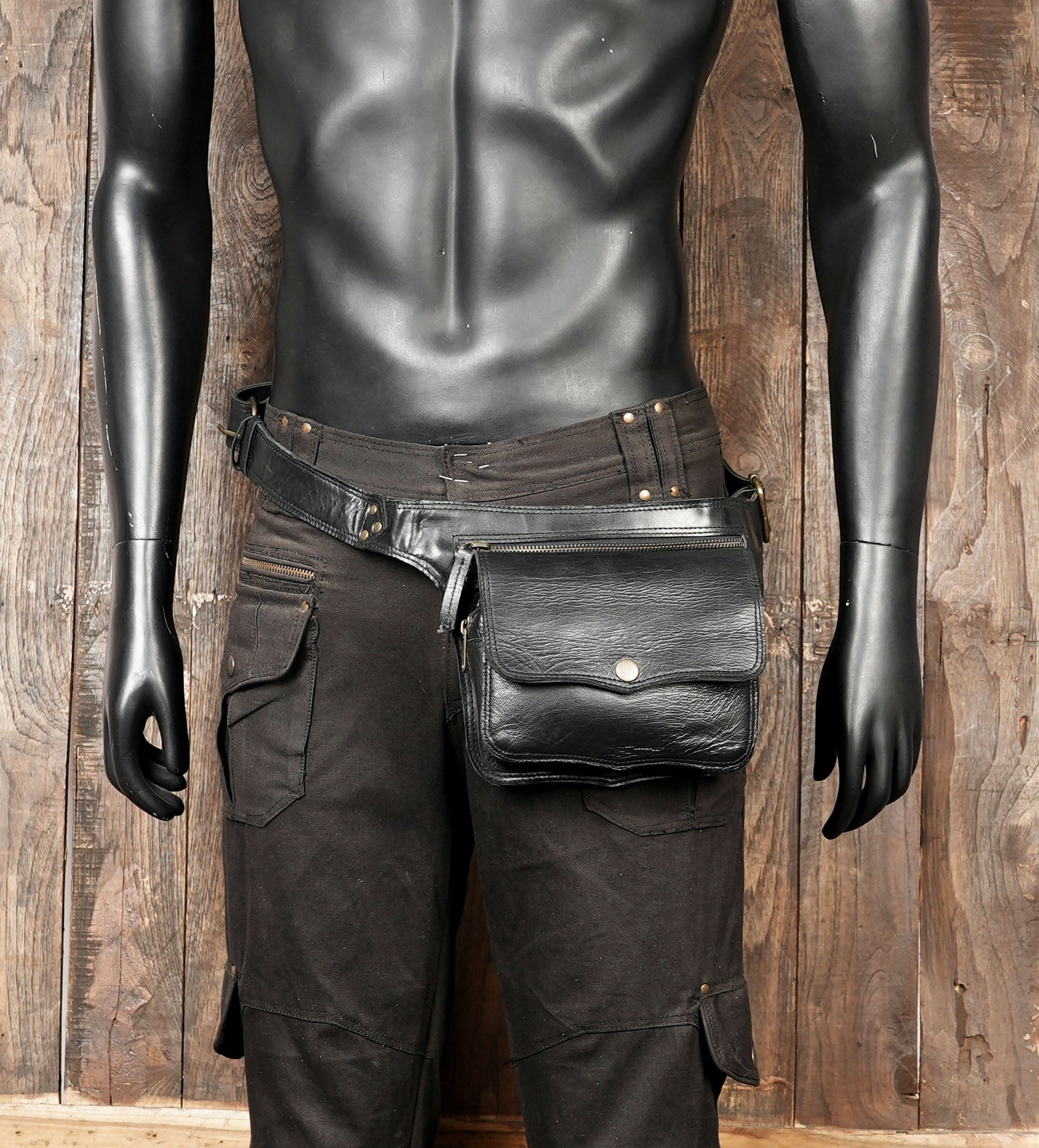 Handmade black leather belt with waist-mounted pouch