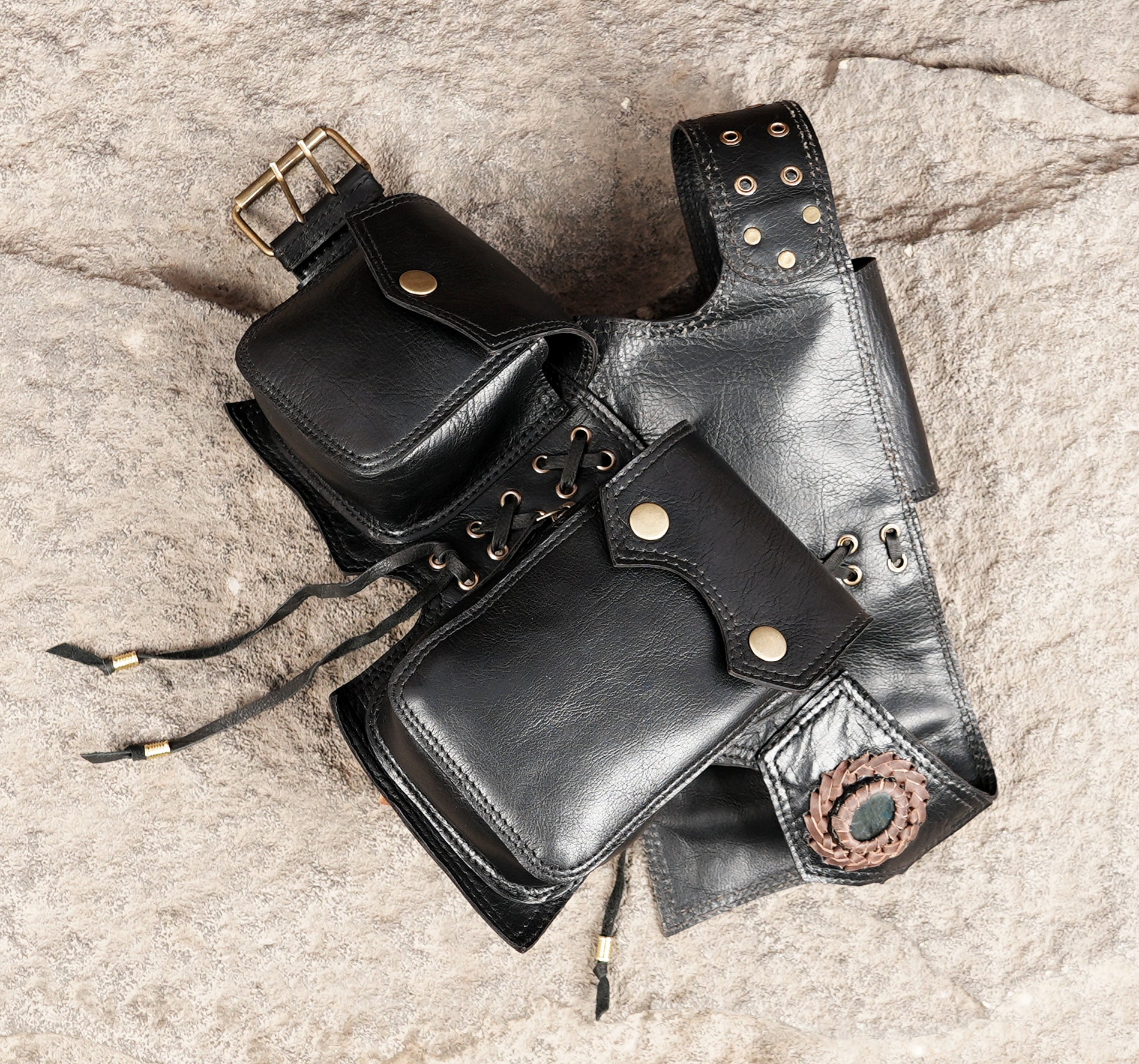 Multi pouch leather waist pack for festivals and travel