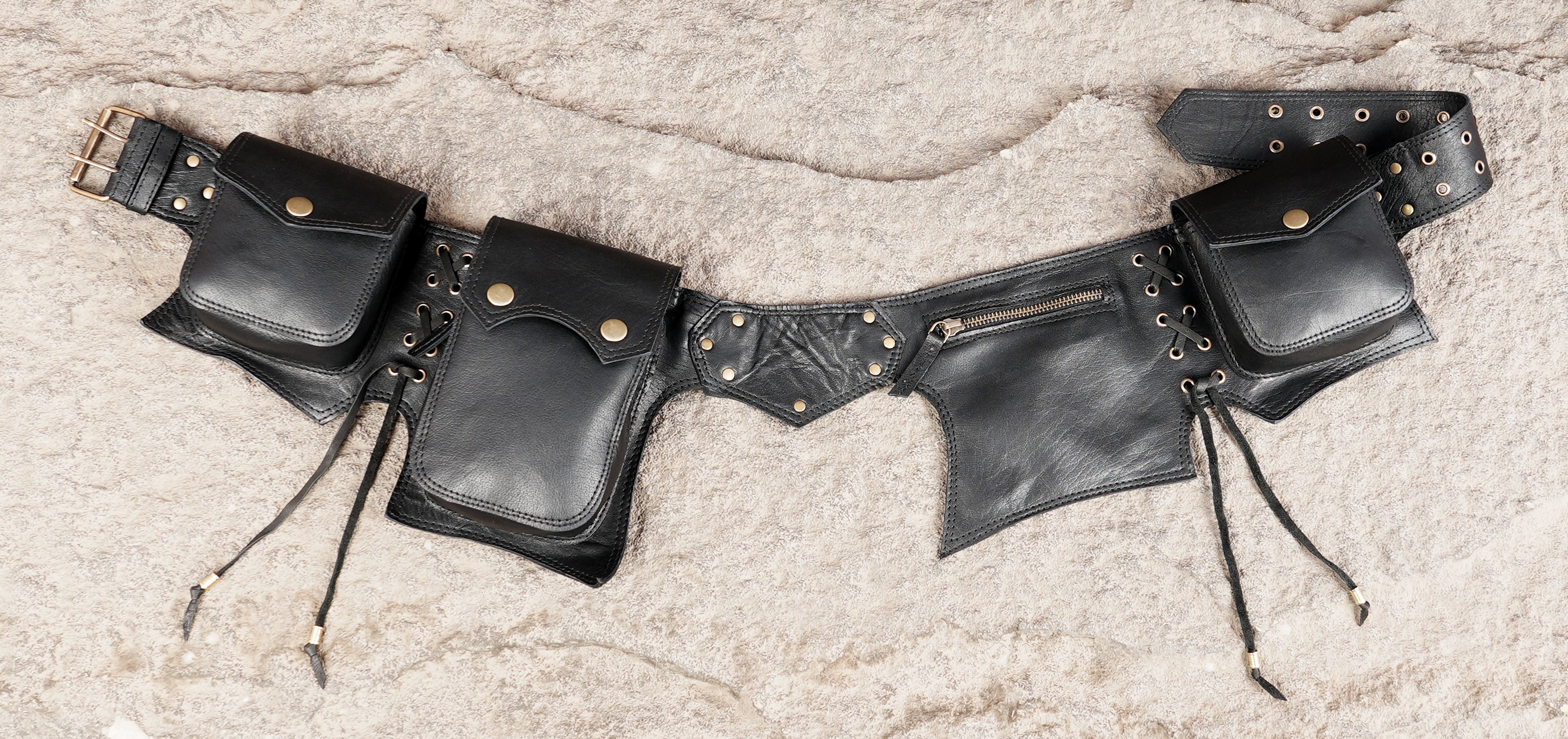 Black leather travel belt with secure closure pockets